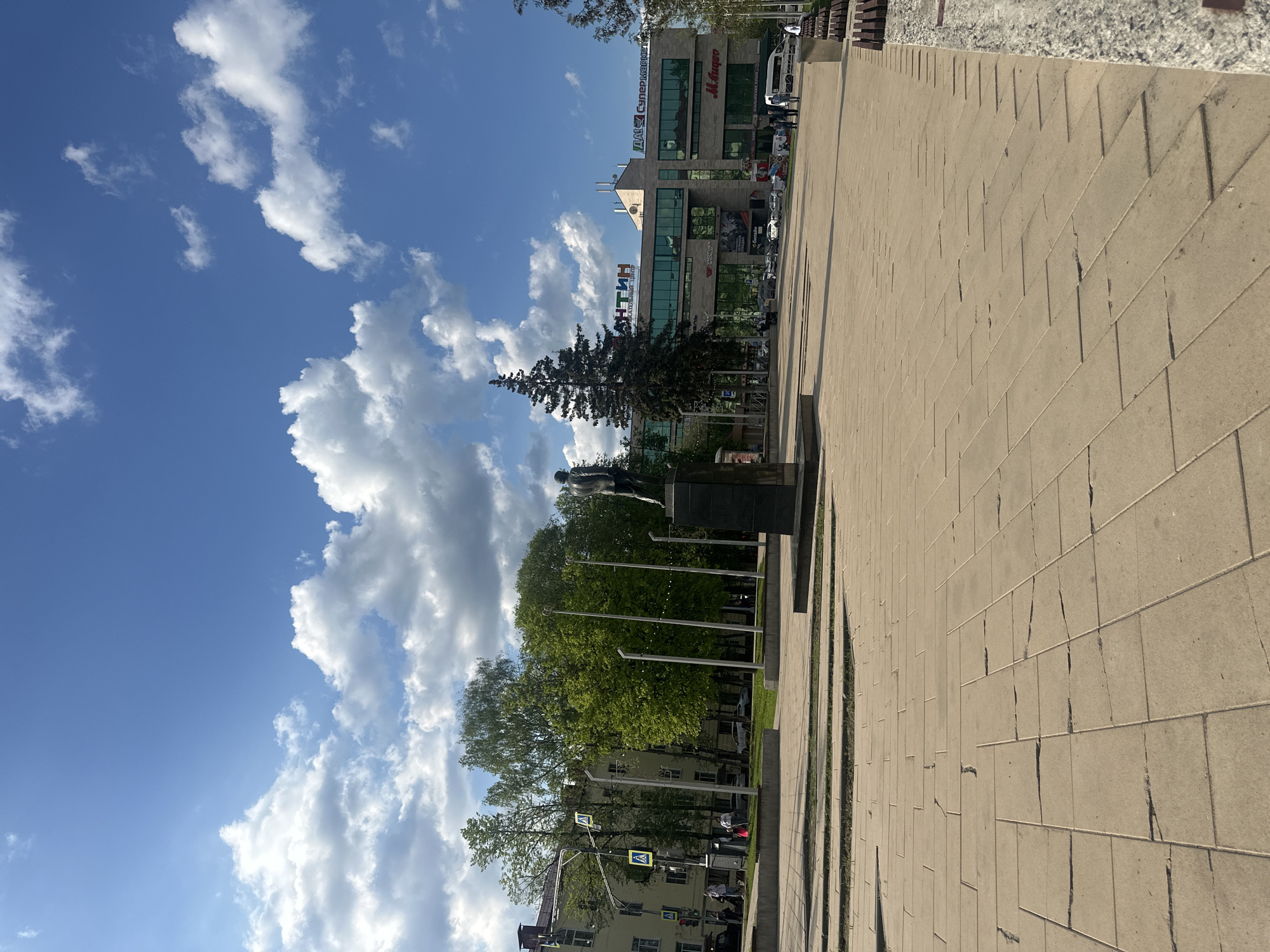 Pedestrian walkway with statue observed in Naro-Fominsk, Russia