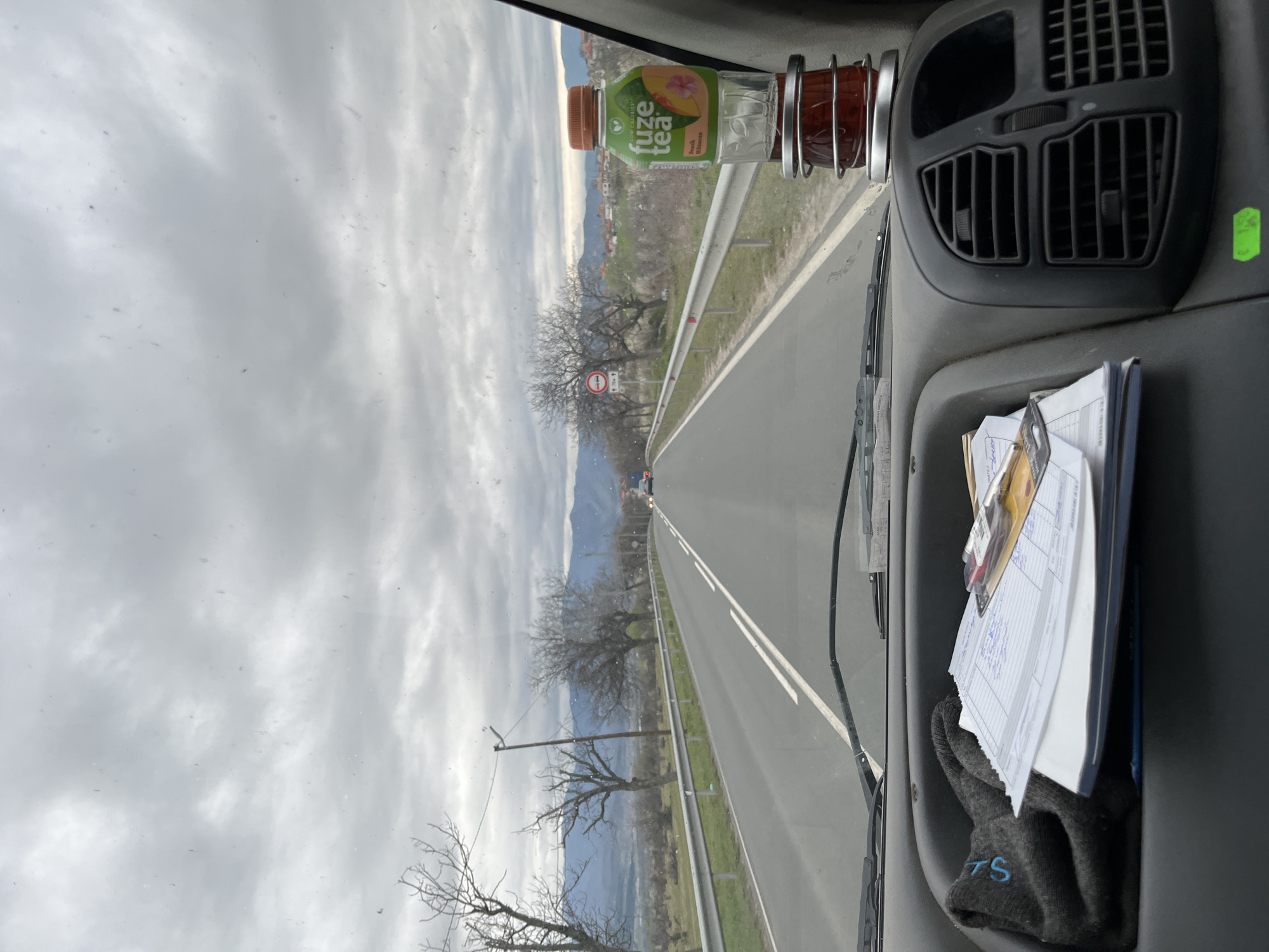 Vehicle travels countryside road near Anevo, Bulgaria under overcast skies
