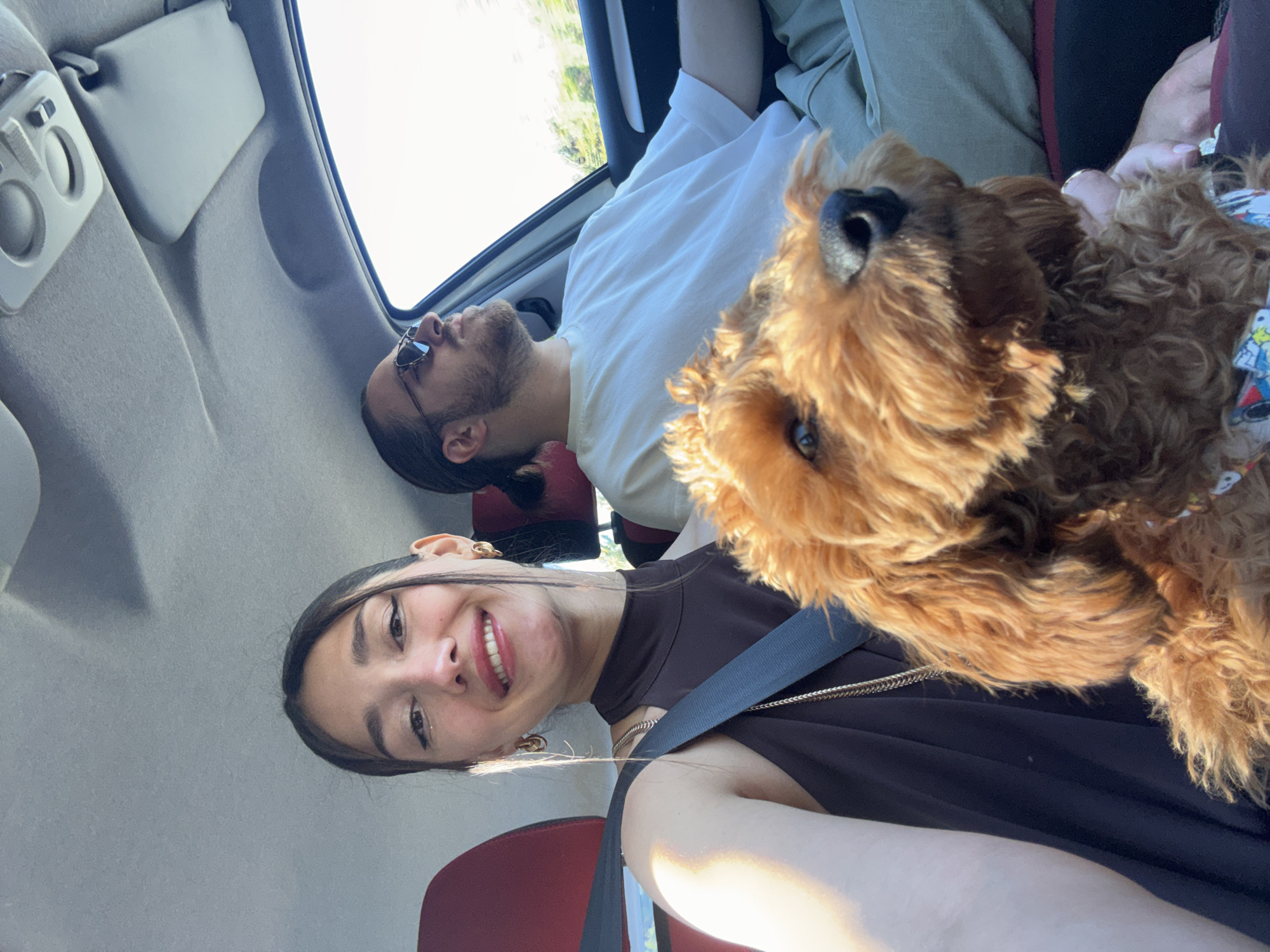 Woman takes car selfie with passenger and dog in Montenegro