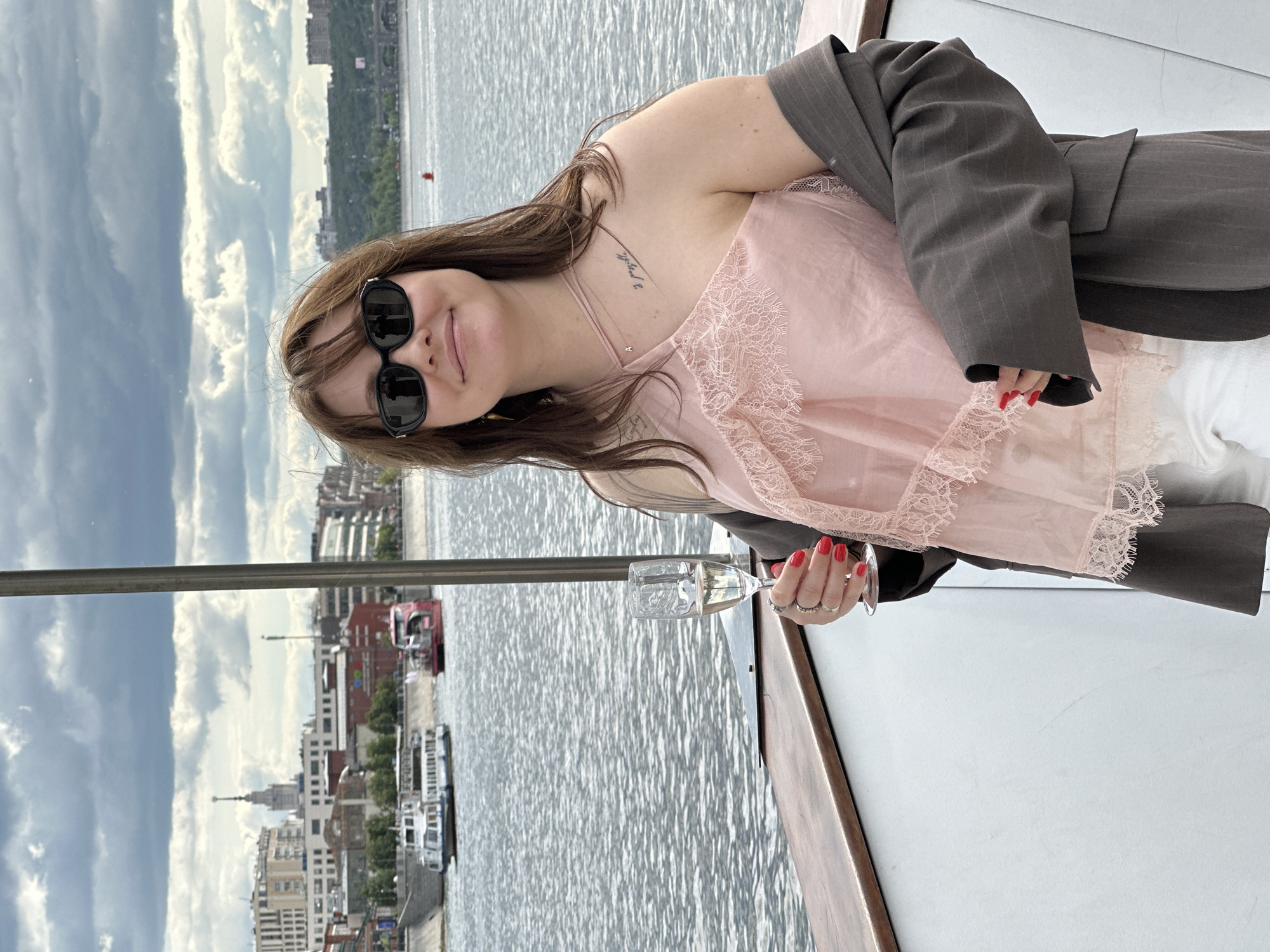 Woman enjoys champagne cruise on Moscow river
