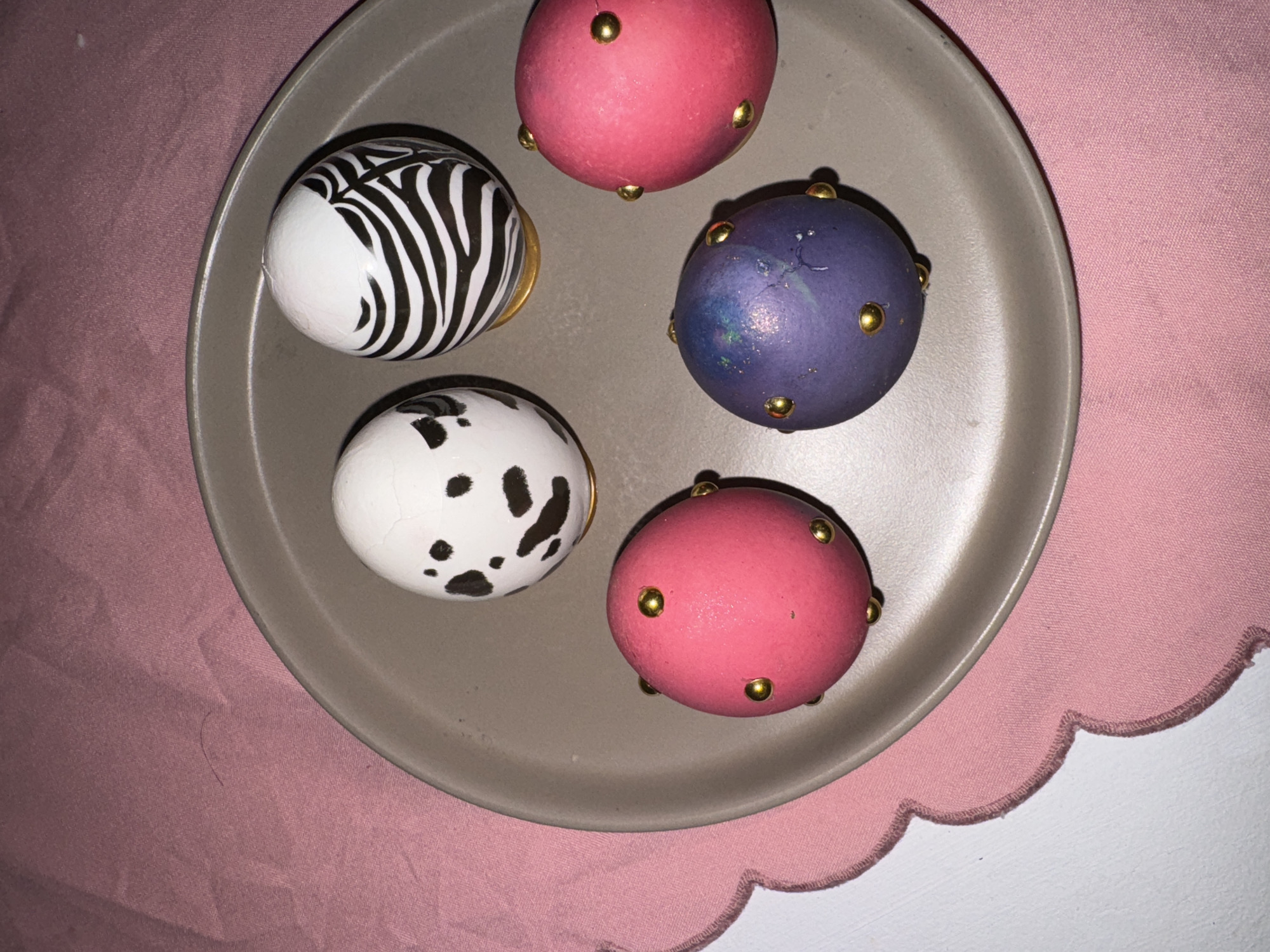 Decorated eggs with patterns displayed on plate in Krasnoyarsk
