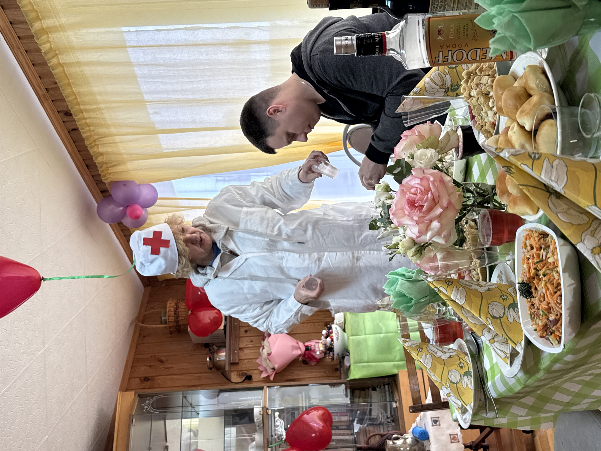 Nurse and companion share meal in Russian town