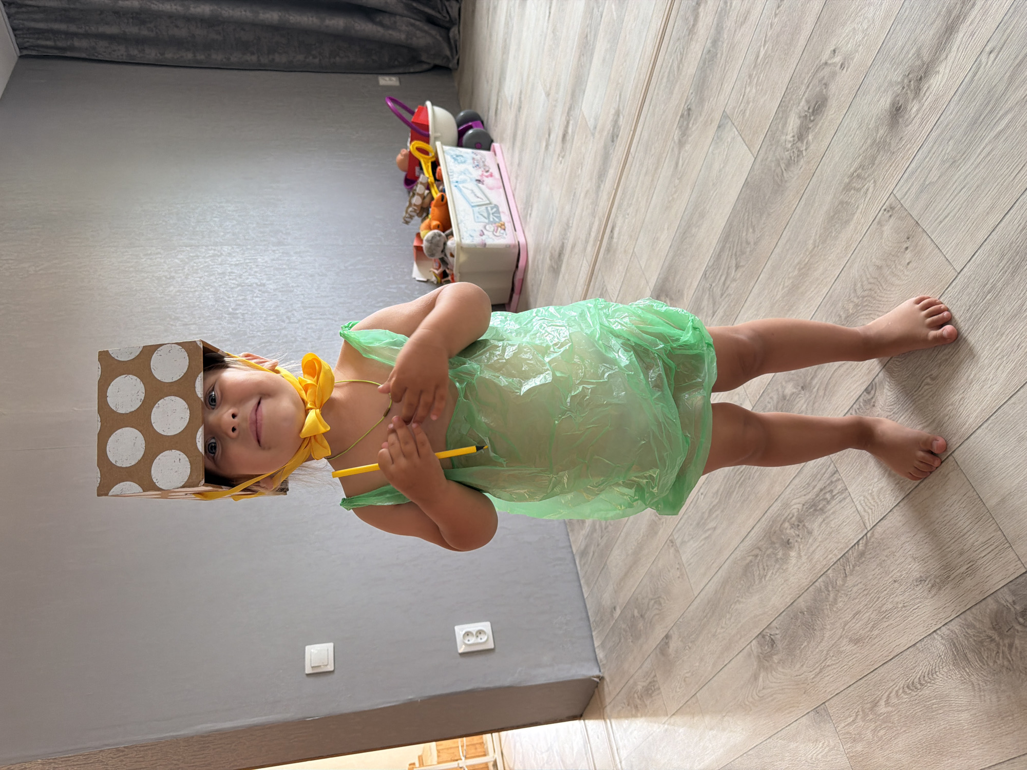 Homemade costume from plastic bag and cardboard box, Chaikovsky