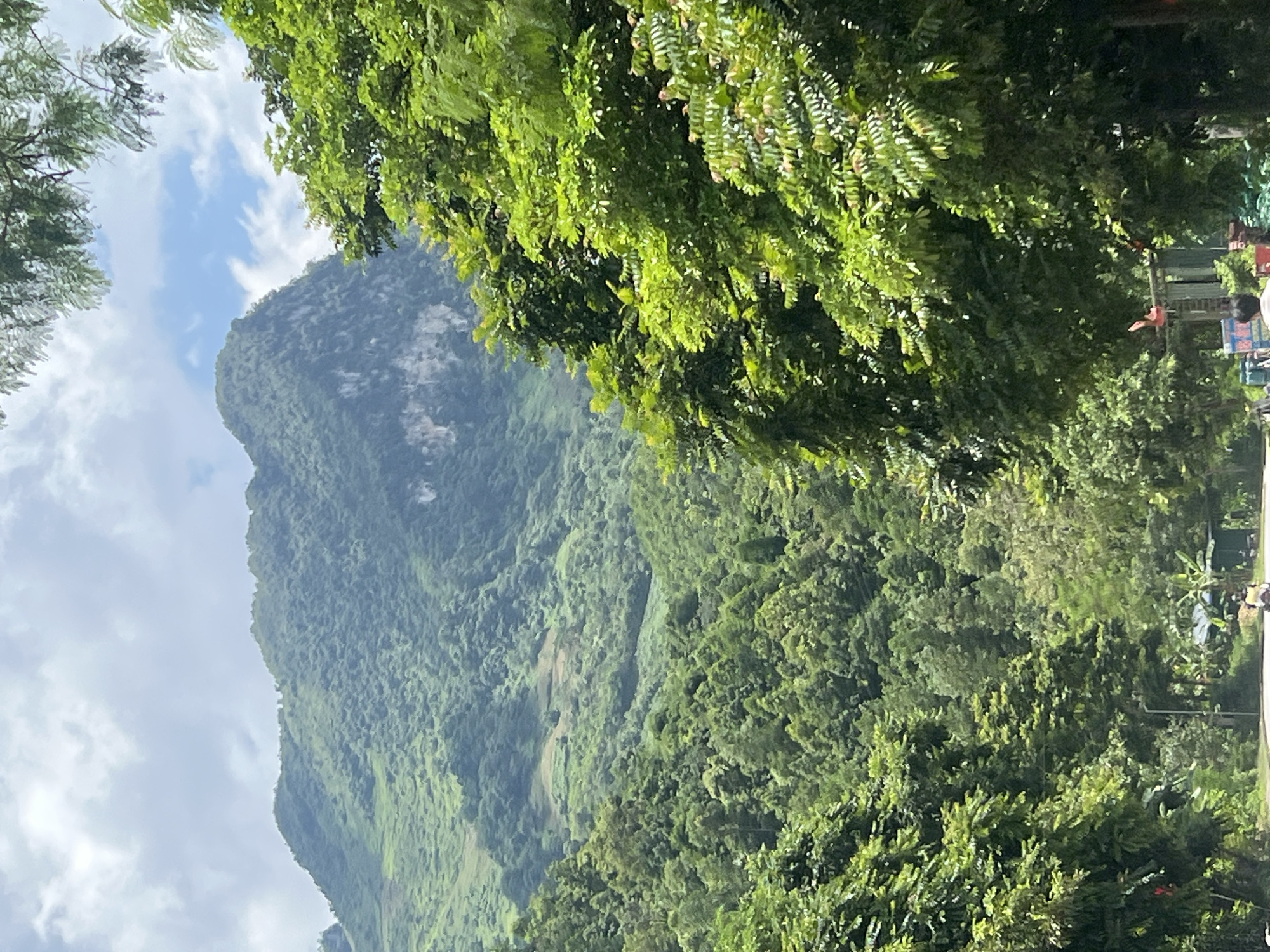 Motorbikes and greenery along a mountain road in Minh Tân