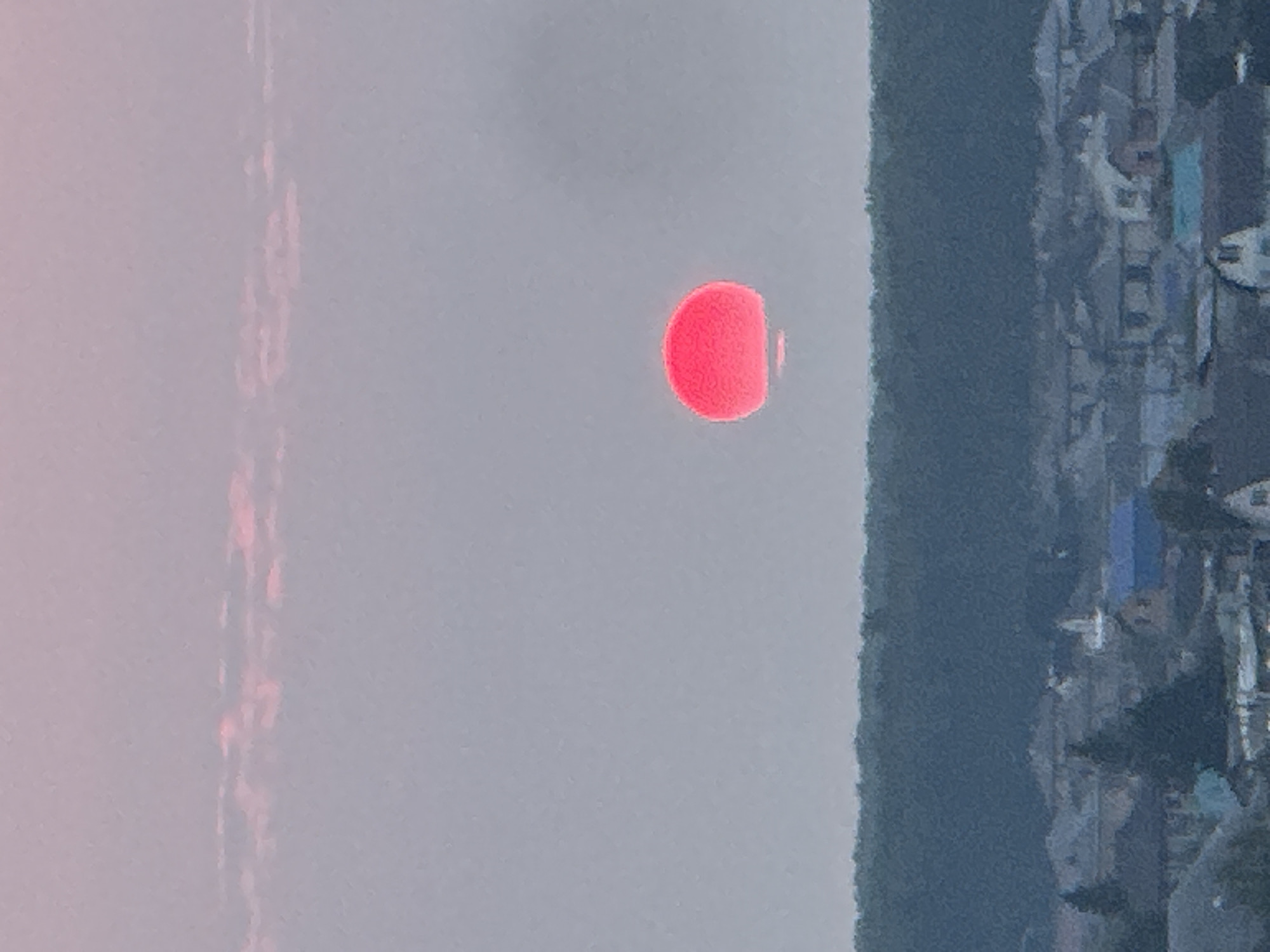 Red sun hovers low over a suburban landscape at golden hour