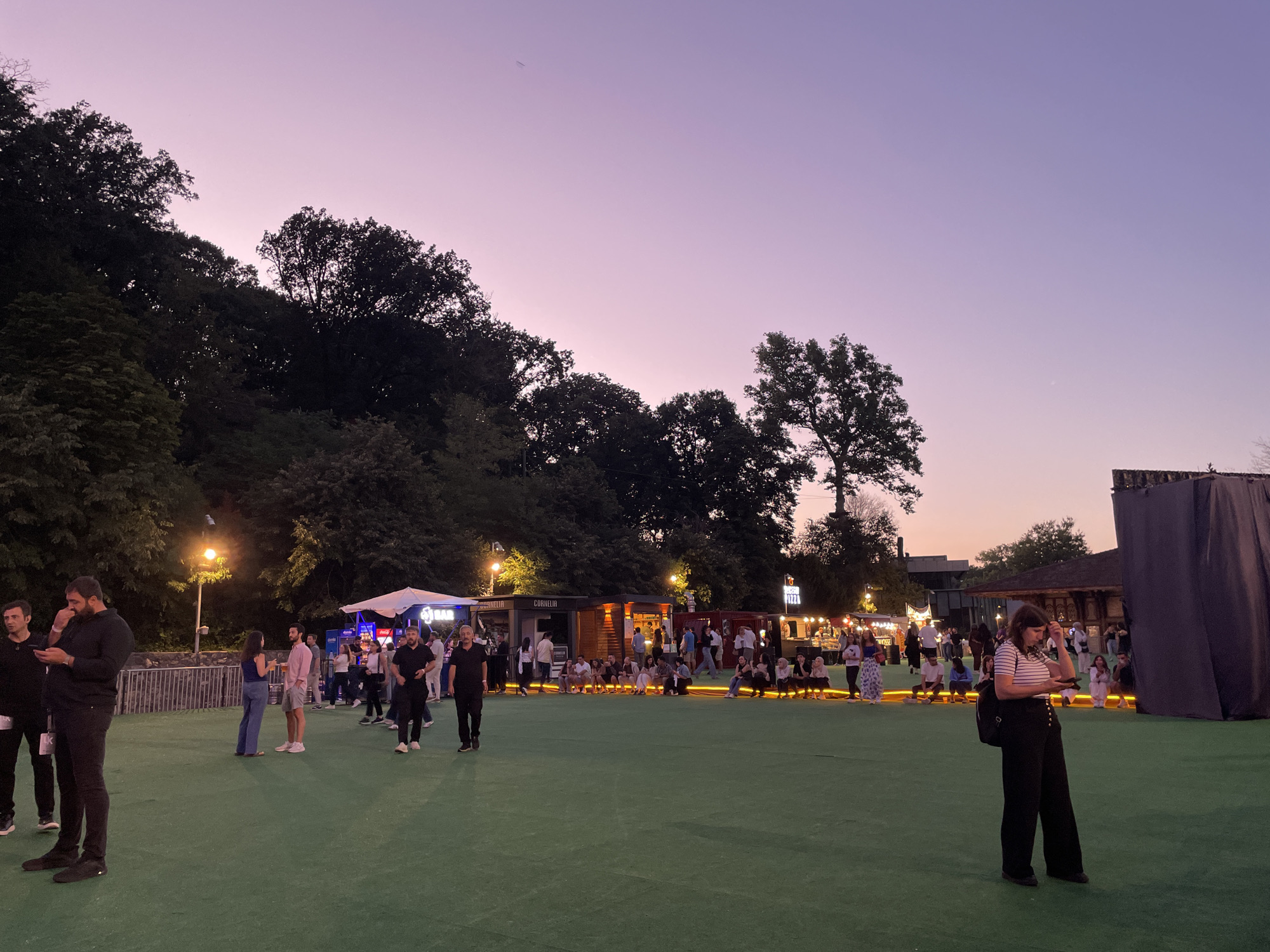 Evening food stall gathering on green turf in Sarıyer