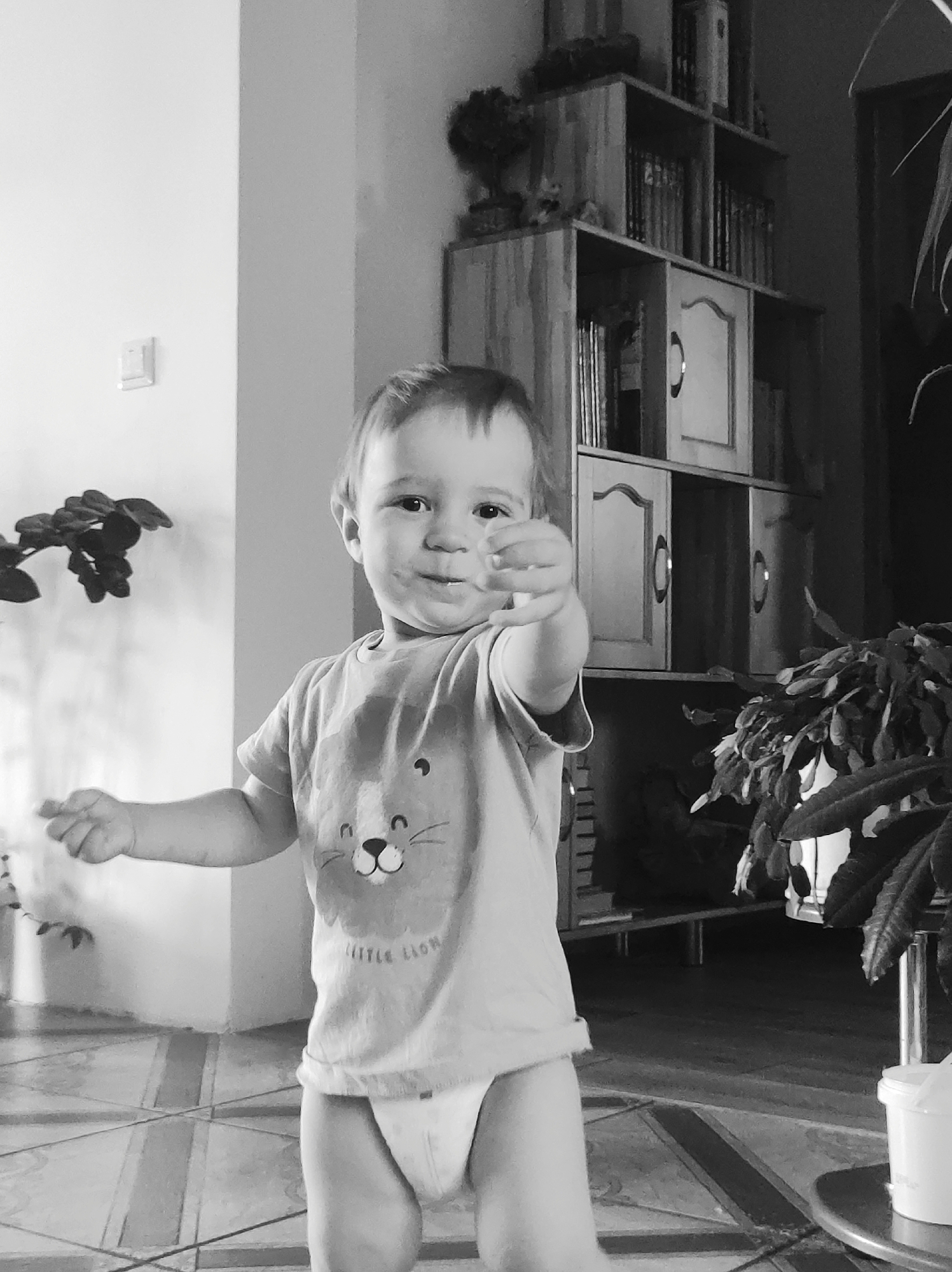 Toddler in lion shirt photographed indoors making hand gesture