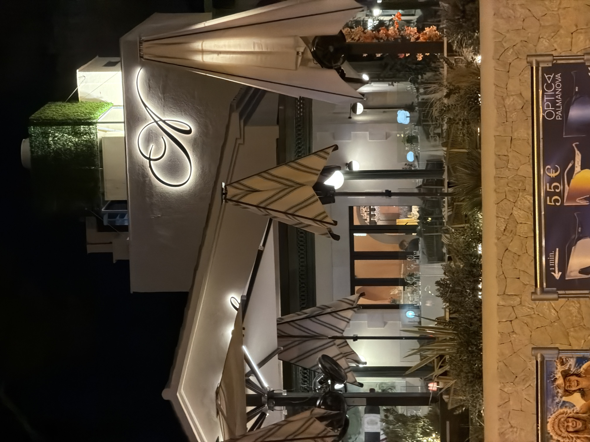Palmanova at night: restaurant lights, palms, and oleander