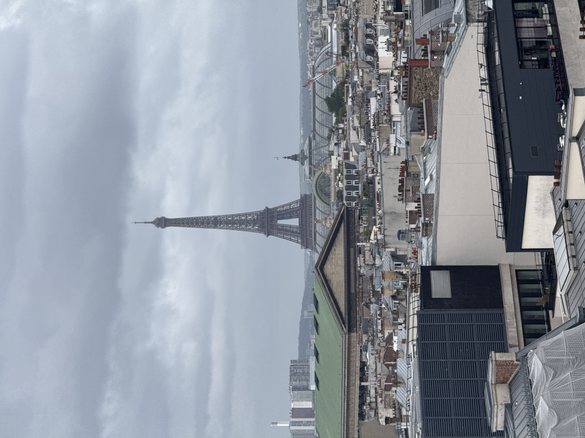 Aerial view captures Paris cityscape with Eiffel Tower