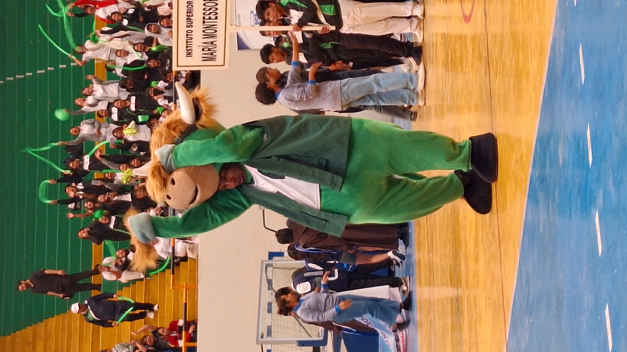 Green bull mascot highlights parade at Arequipa educational institute