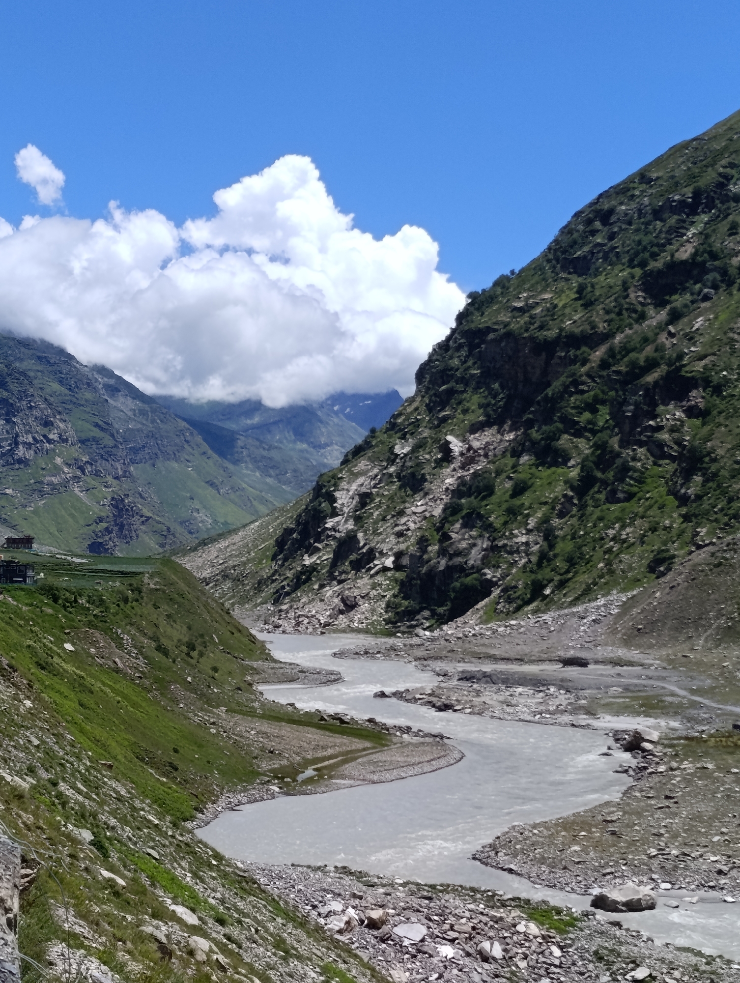 Morning on a Himalayan valley road near Burwa, India