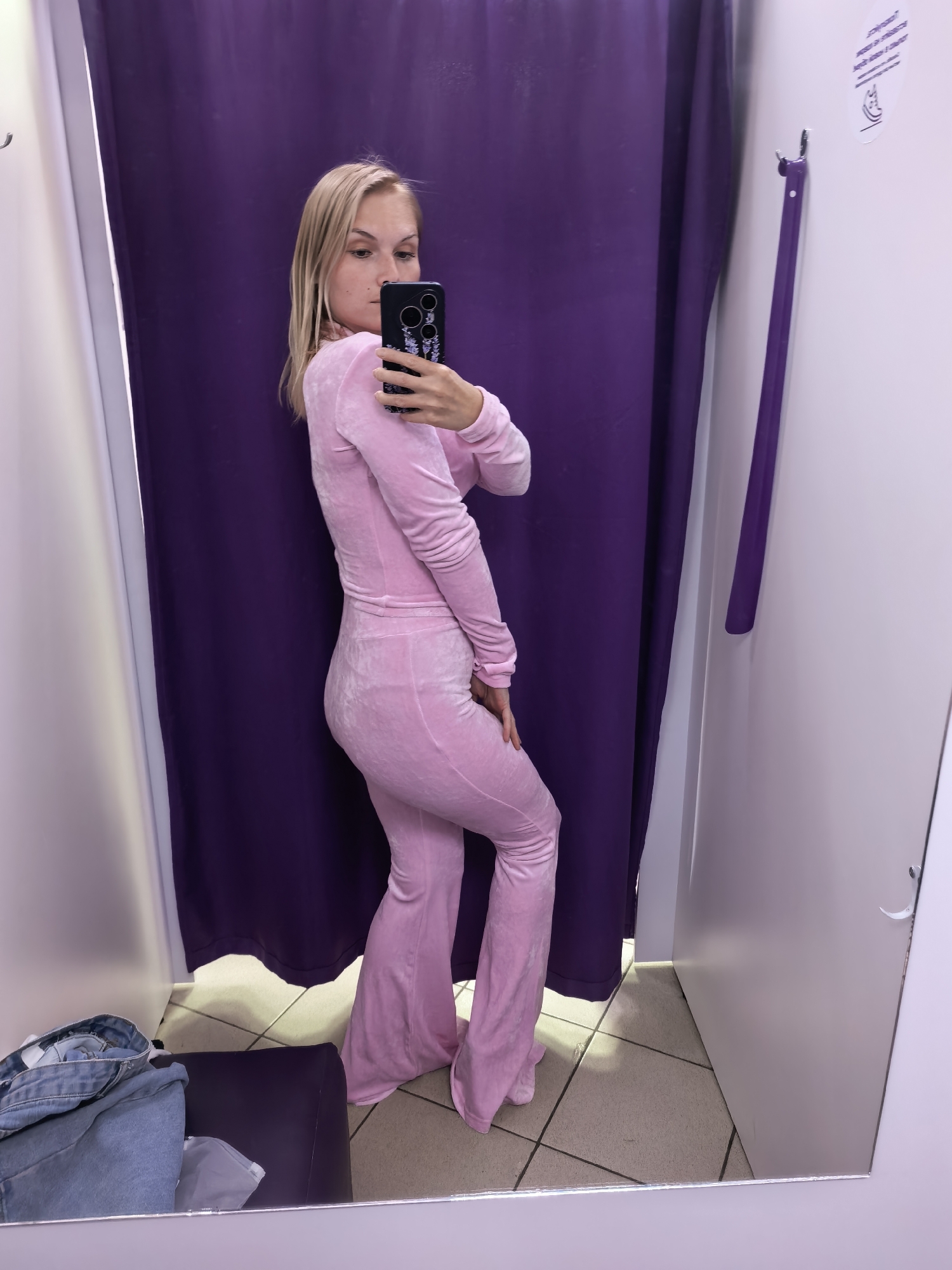 Pink velour tracksuit try-on, fitting room mirror selfies