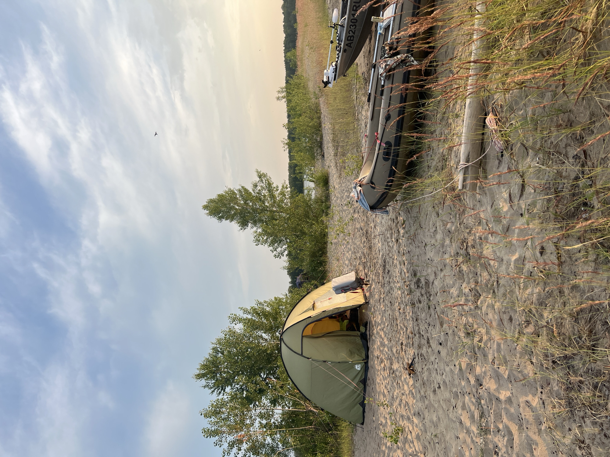 Lakeside campsite at sunset, Borovoe, Russia