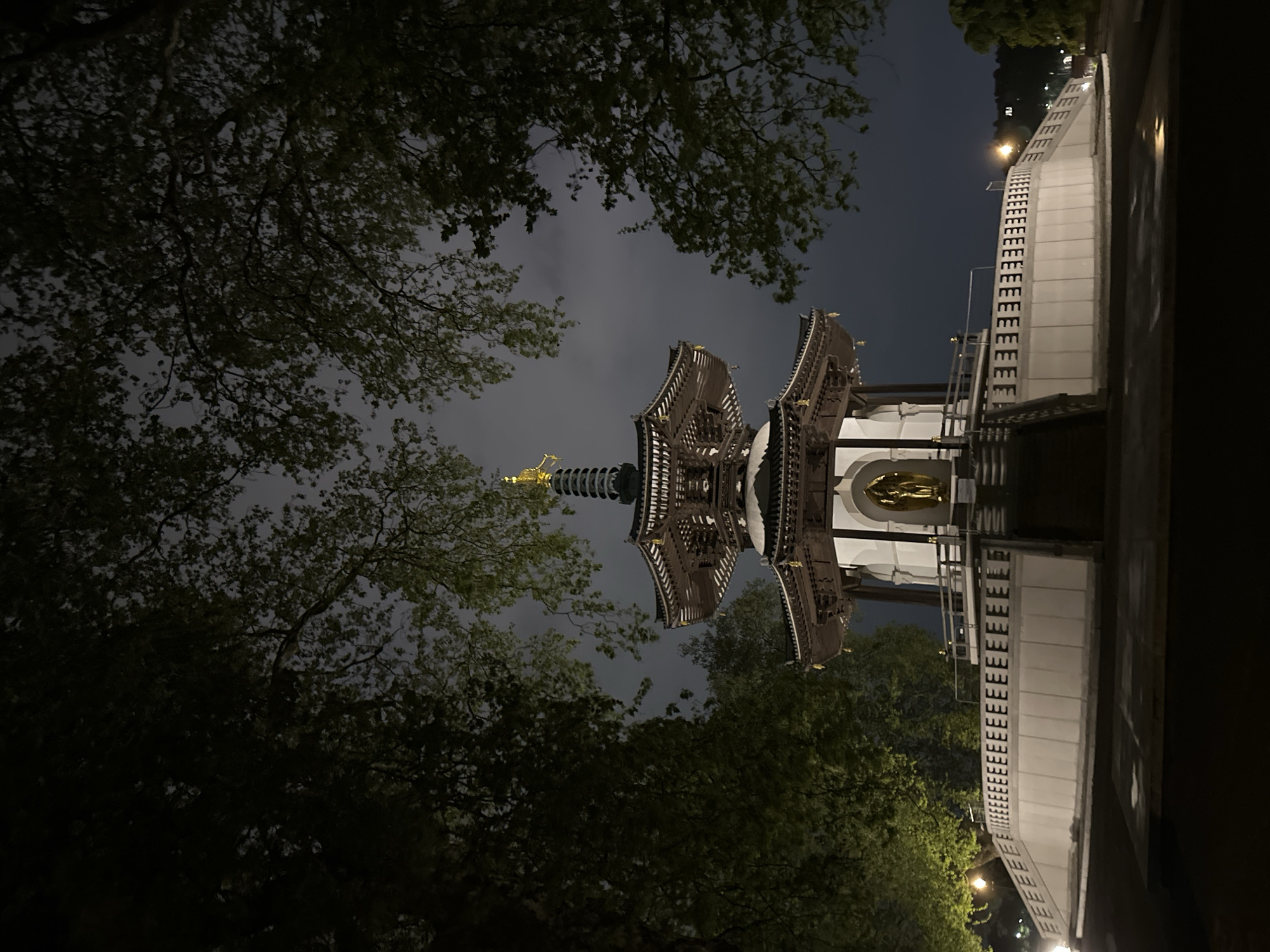 Buddhist peace pagoda photographed at night in London