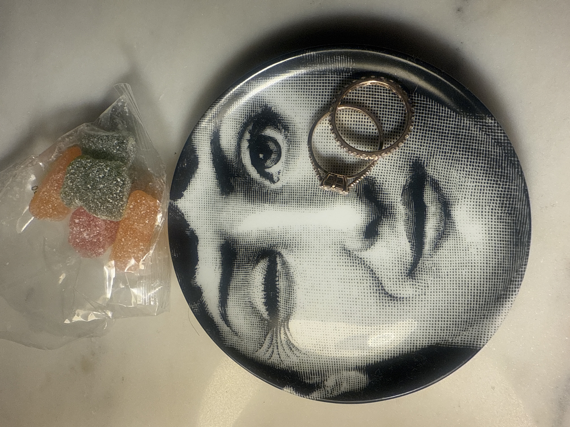 Candy arrangement photographed on marble surface in Portugal