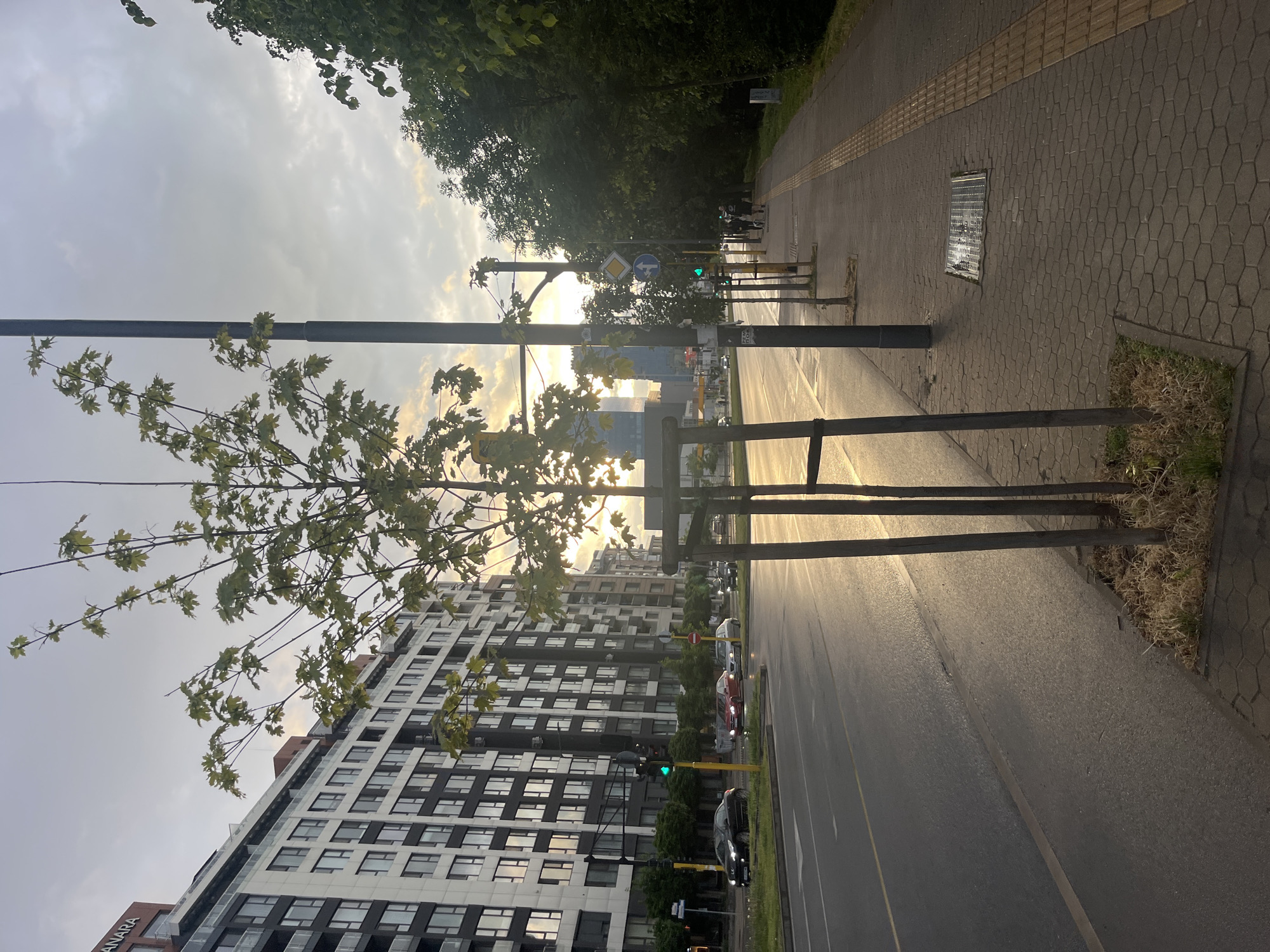 Urban street scene captured during warm evening light