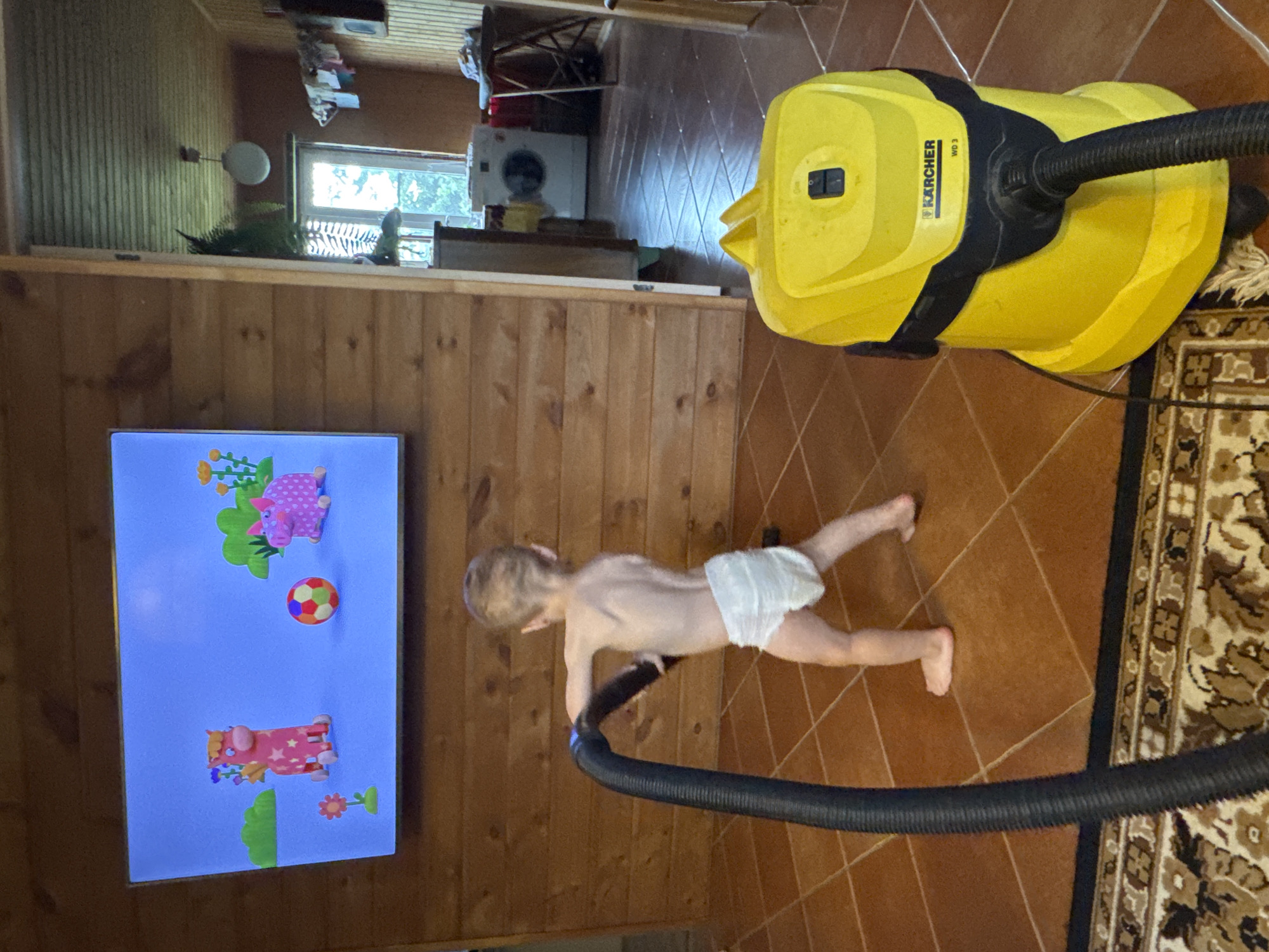 Toddler turns a Kärcher vacuum into a backyard toy