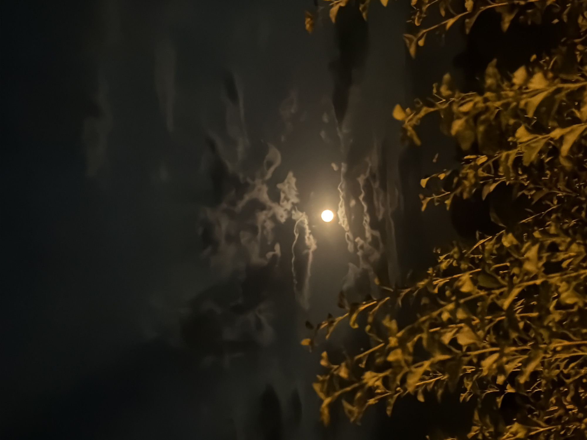Full moon over a cloudy Poltava night, city below