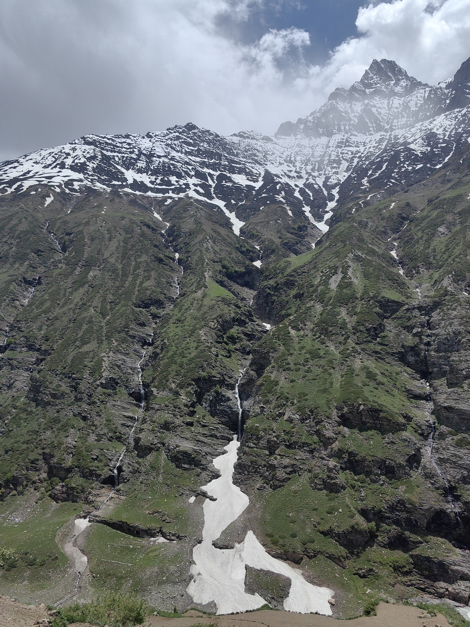 Mountain waterfalls and snow patches documented in Yamling, India