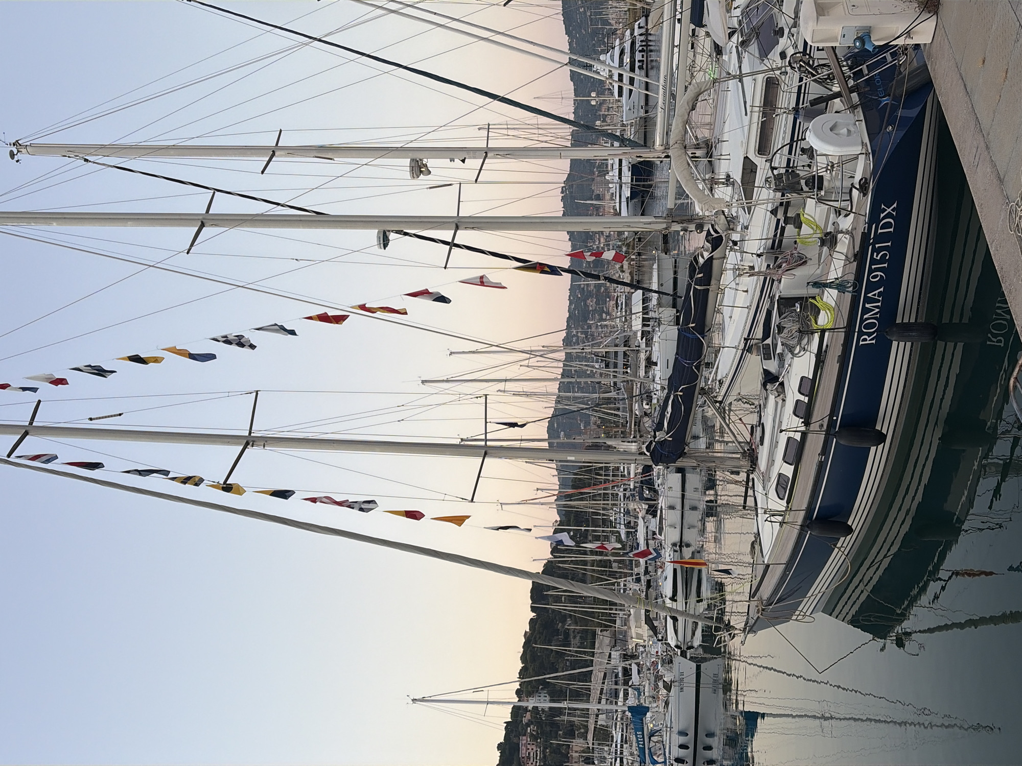 Imperia's marina at dusk, seagulls and sailboats