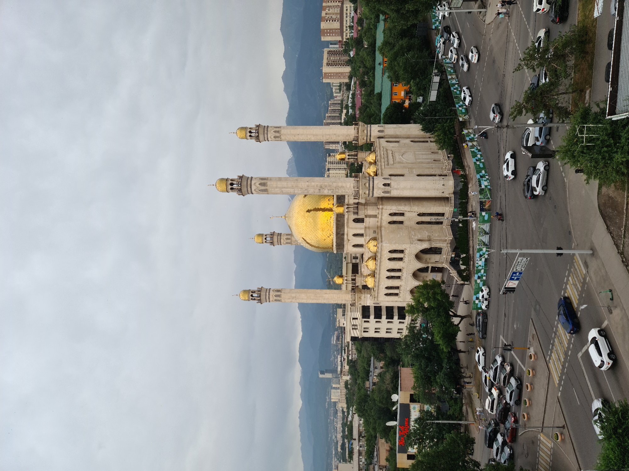 Almaty's Central Mosque seen from above on a cloudy day
