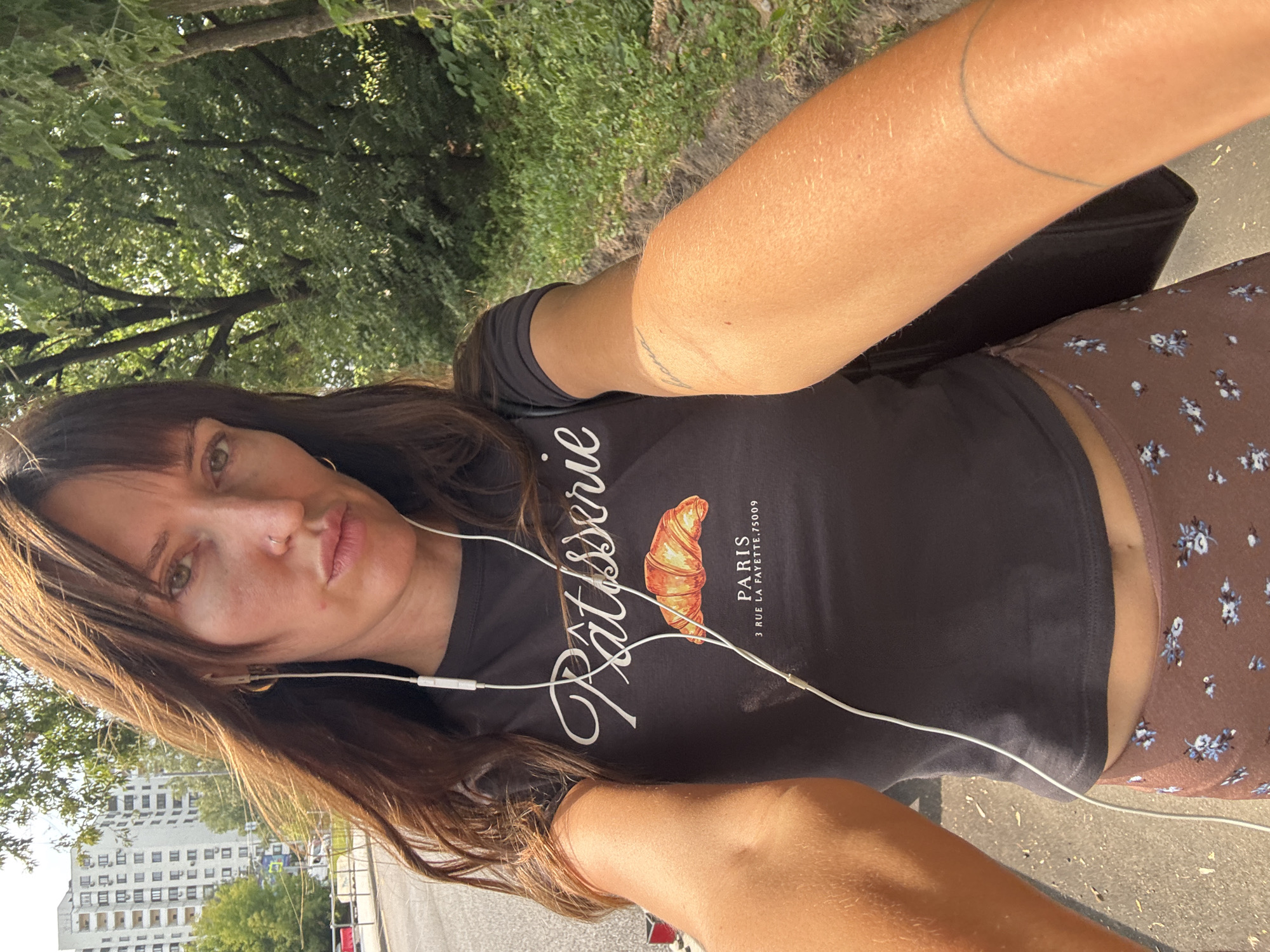 Sunny selfie in Moscow, sporting a pastry-themed tee