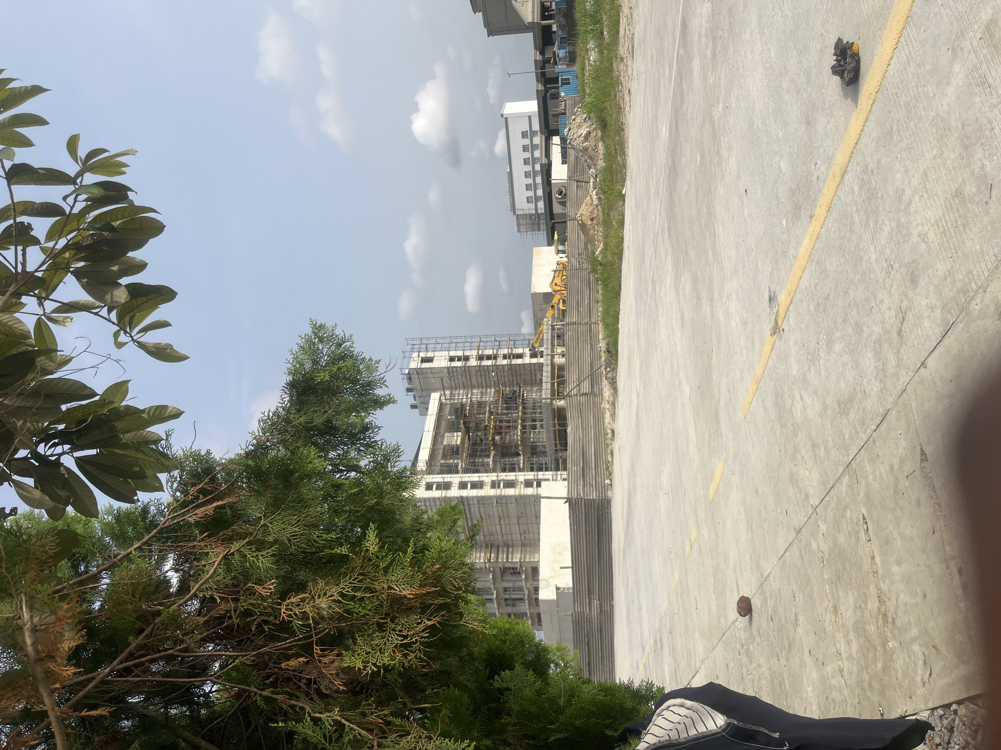 Construction activity observed through urban trees, April 2026