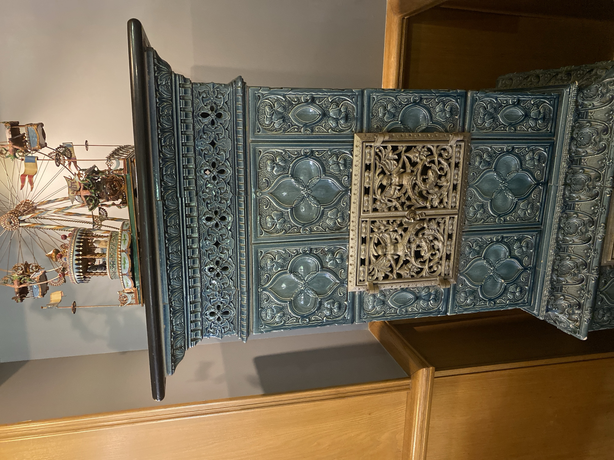 Antique tiled stove with carousel documented in Marlenheim
