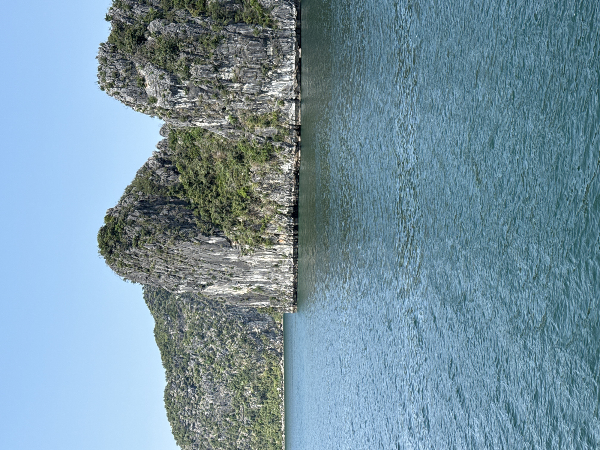 Tourist documents morning cruise through Ha Long Bay's limestone formations