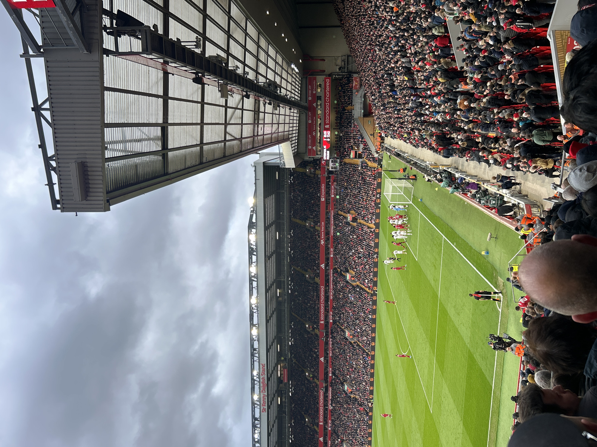 Football match draws packed crowd at Liverpool's Anfield Stadium