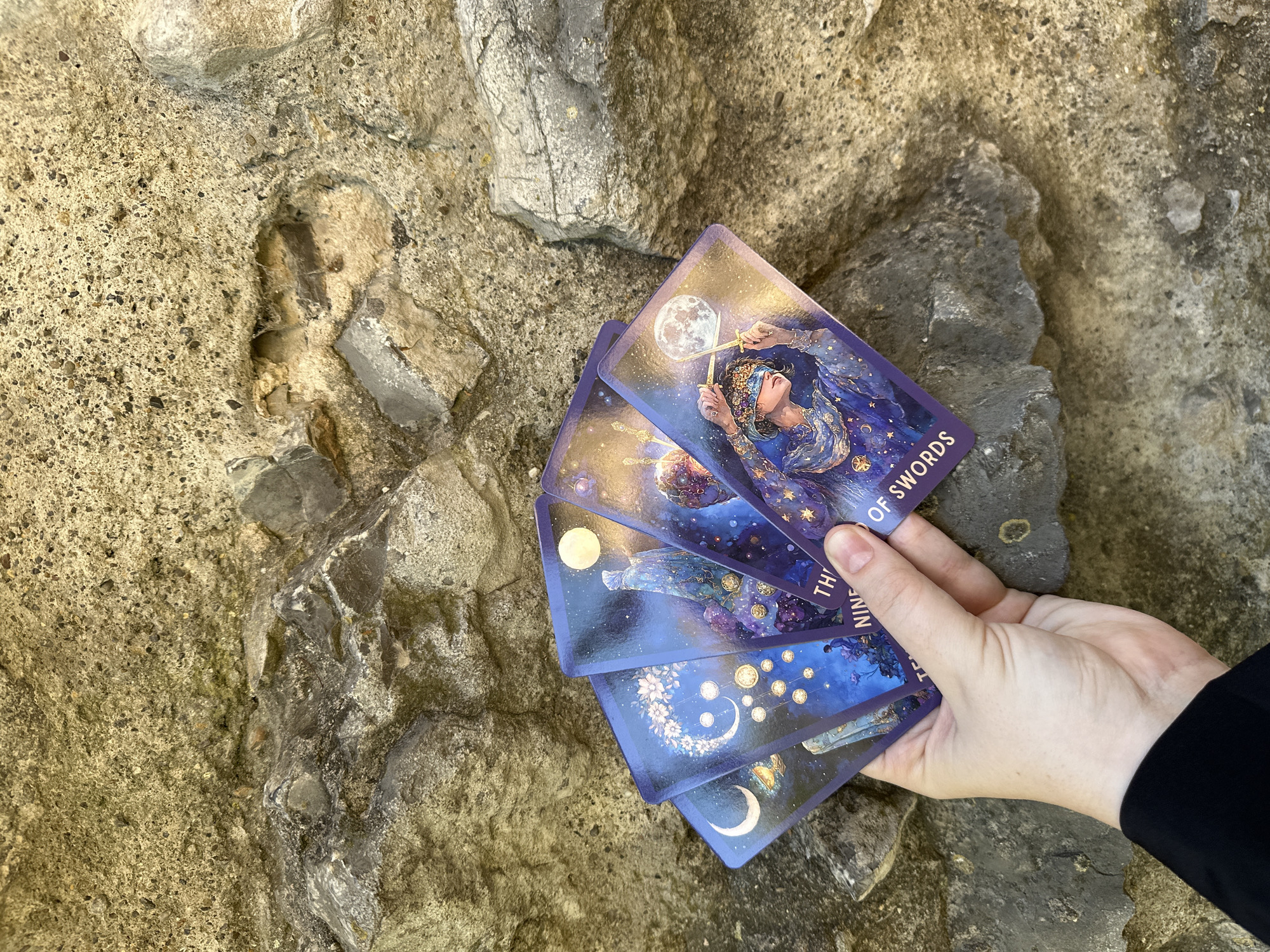 Tarot cards spread across ivy and stone in a Stuttgart garden