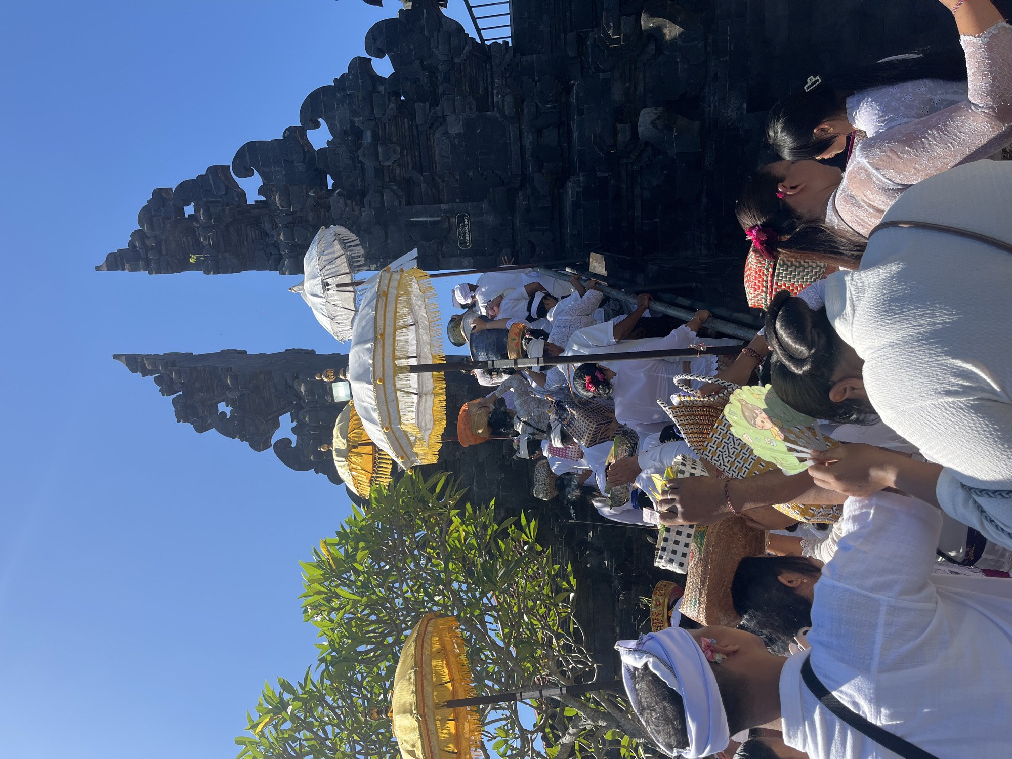 Ceremonial procession ascends temple steps in Bali