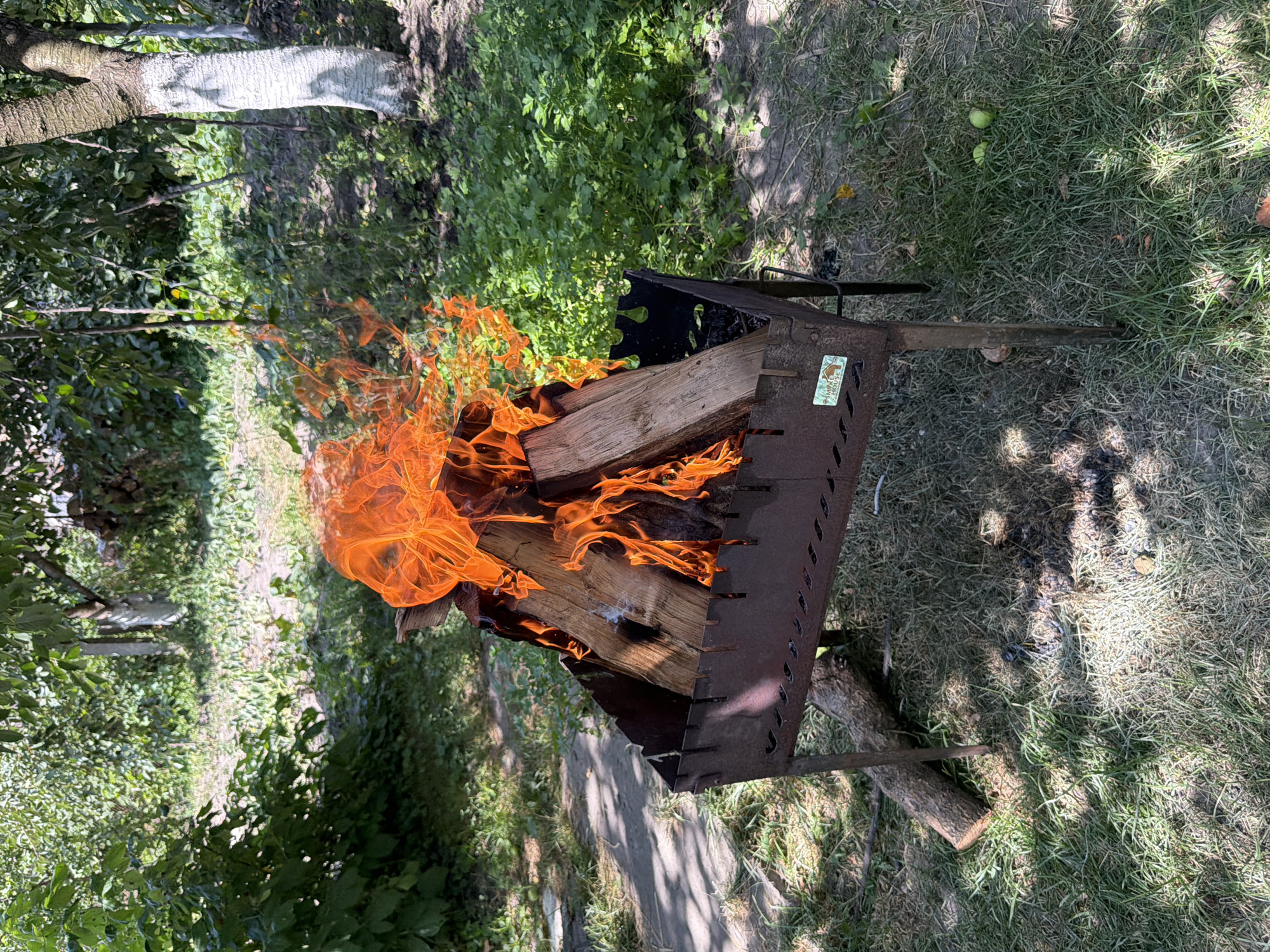 Wood fire burning in a backyard grill in Polonne