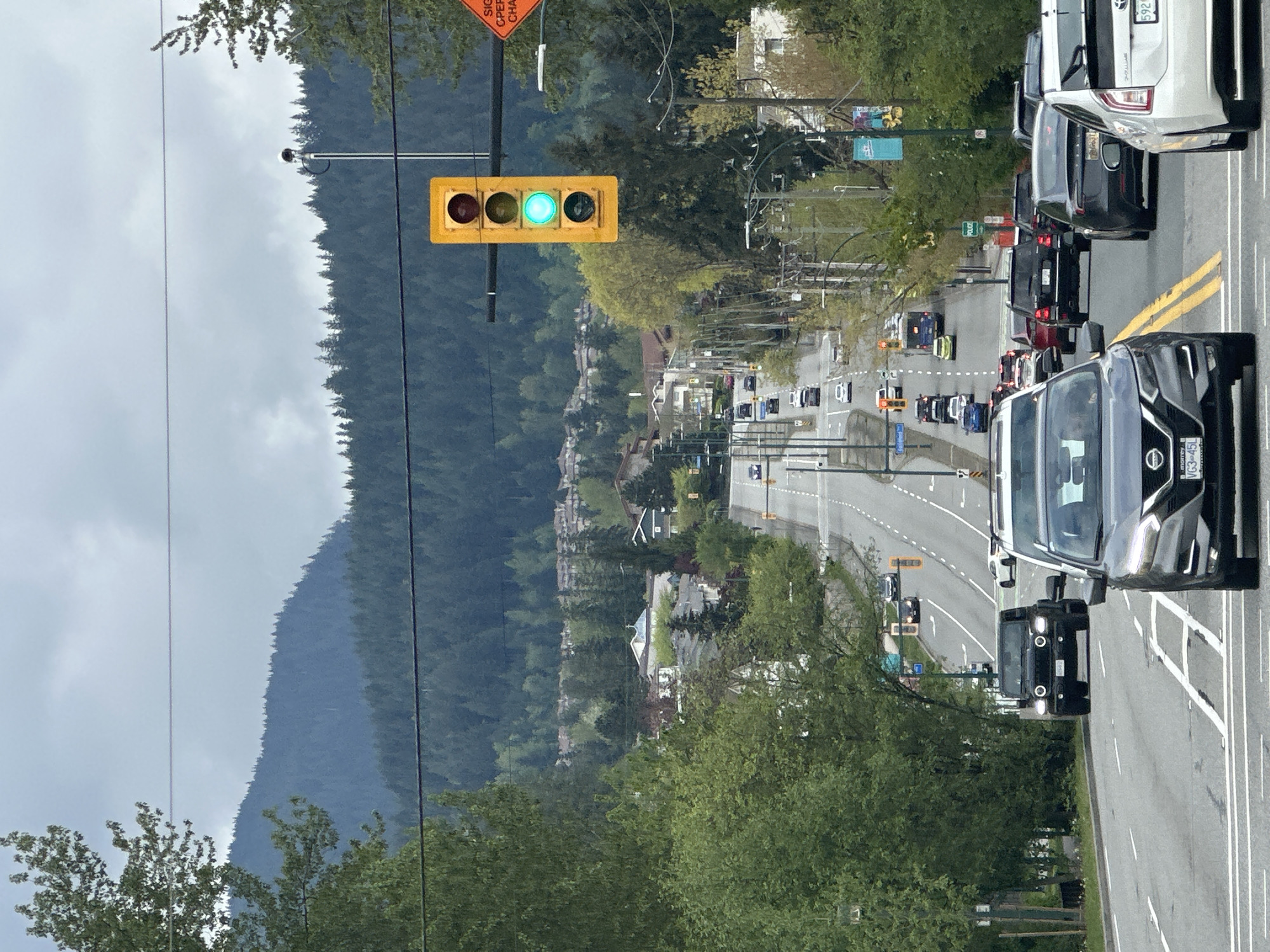 Street scene photographed in Coquitlam with mountain backdrop