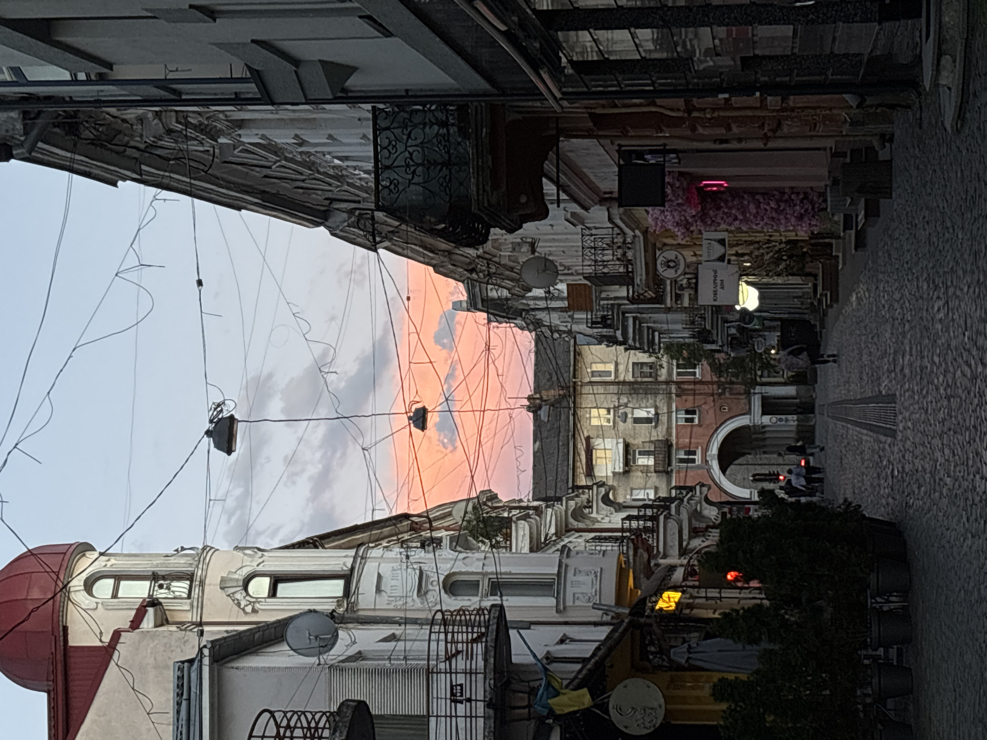 Twilight on a cobblestone street in Ternopil, Ukraine