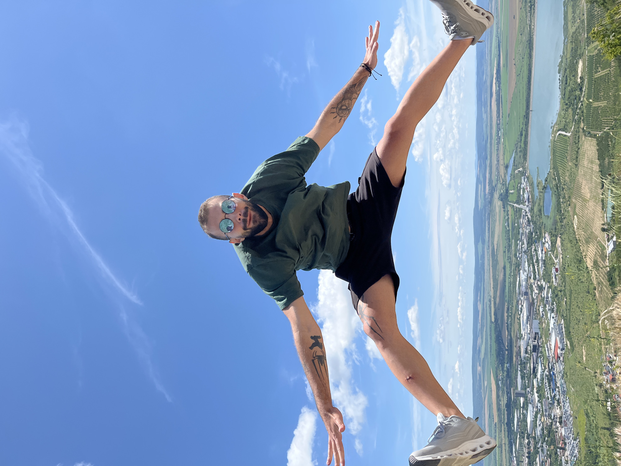 Jumping and aerial views on a hilltop near Shumen