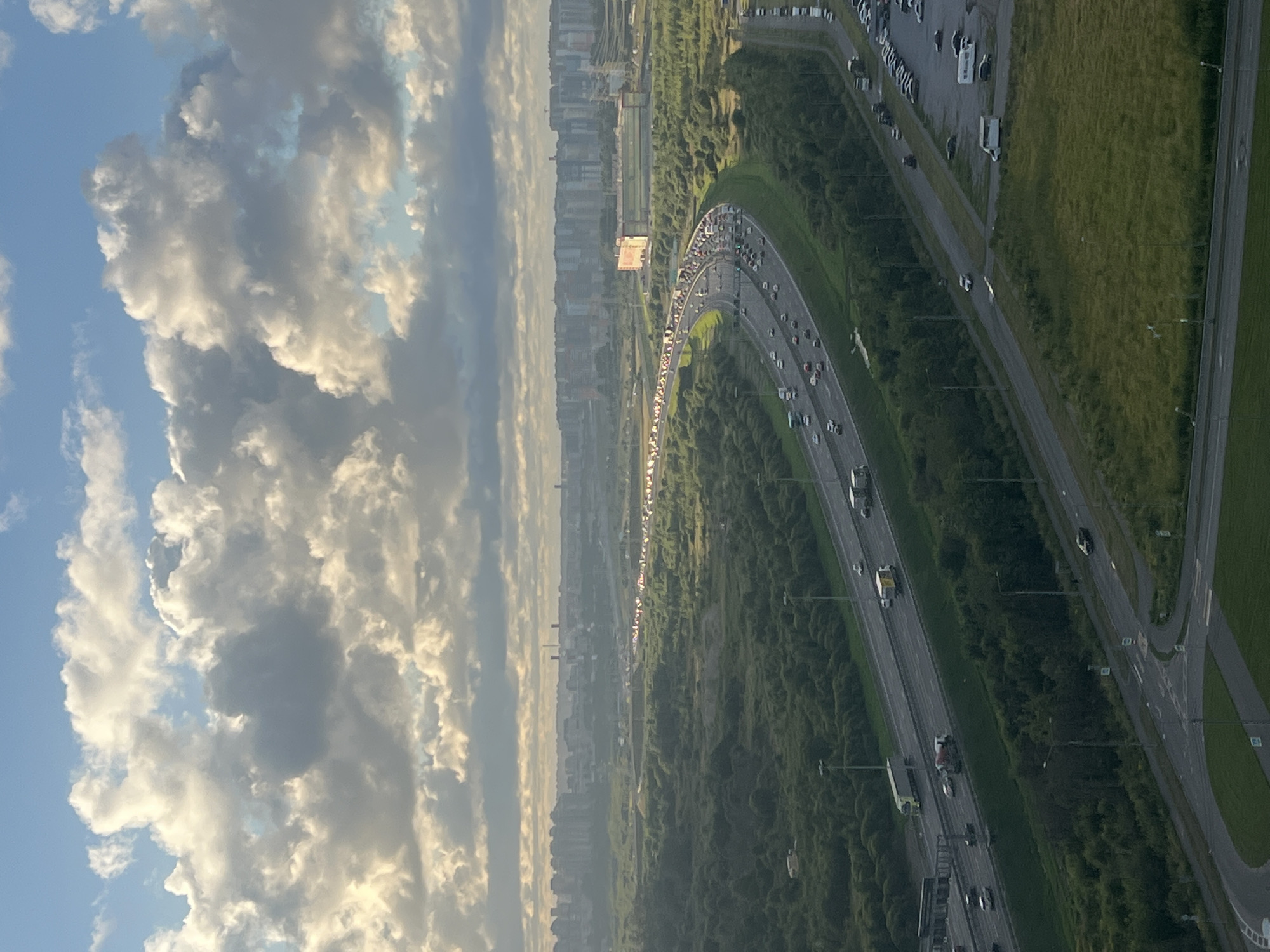 Congested highway interchange at the edge of a city