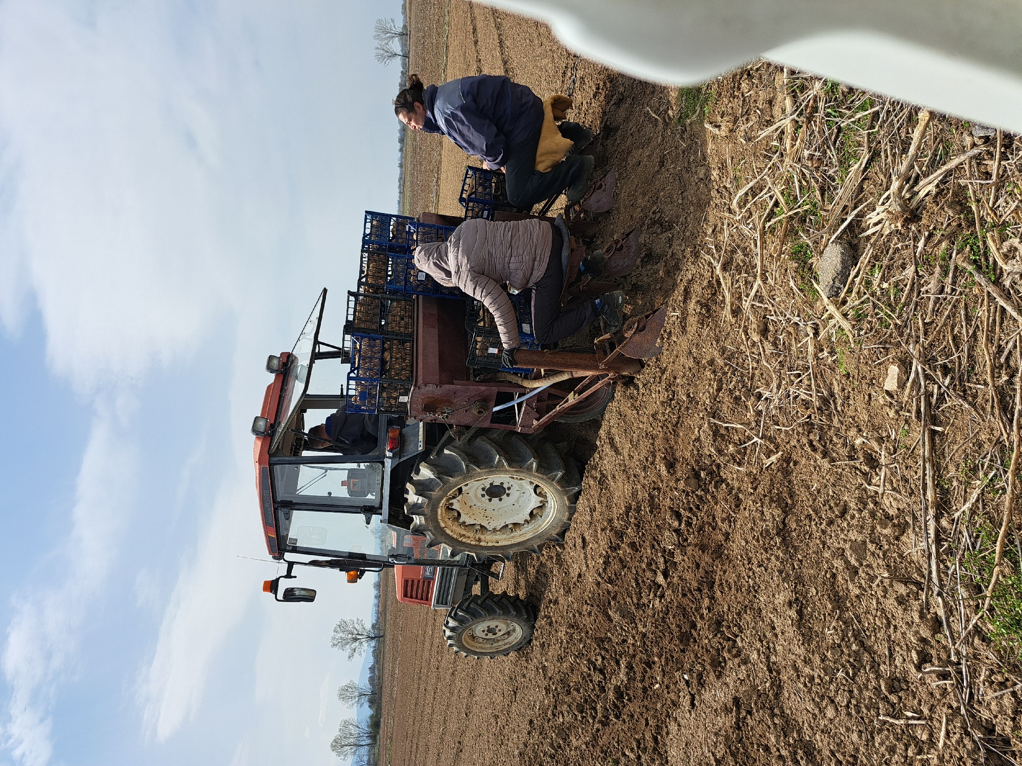 Farm workers operate equipment on red tractor in Bulgarian field