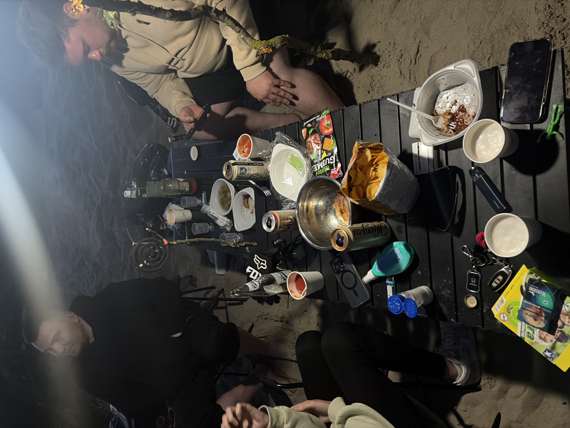Late-night gathering on a sandy beach near Поваровка