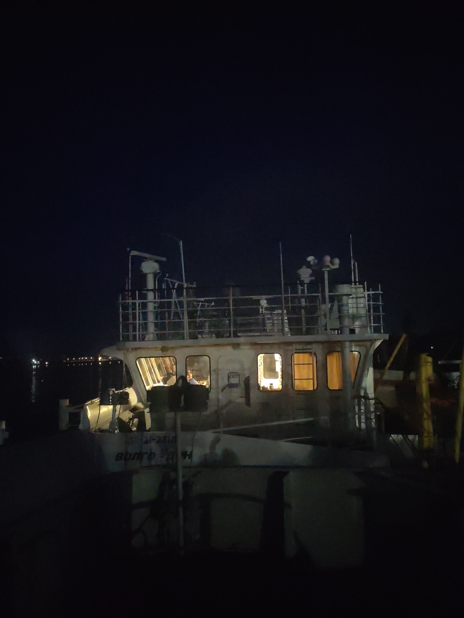Illuminated vessel spotted at night in Bol'shie Mkhi, Russia