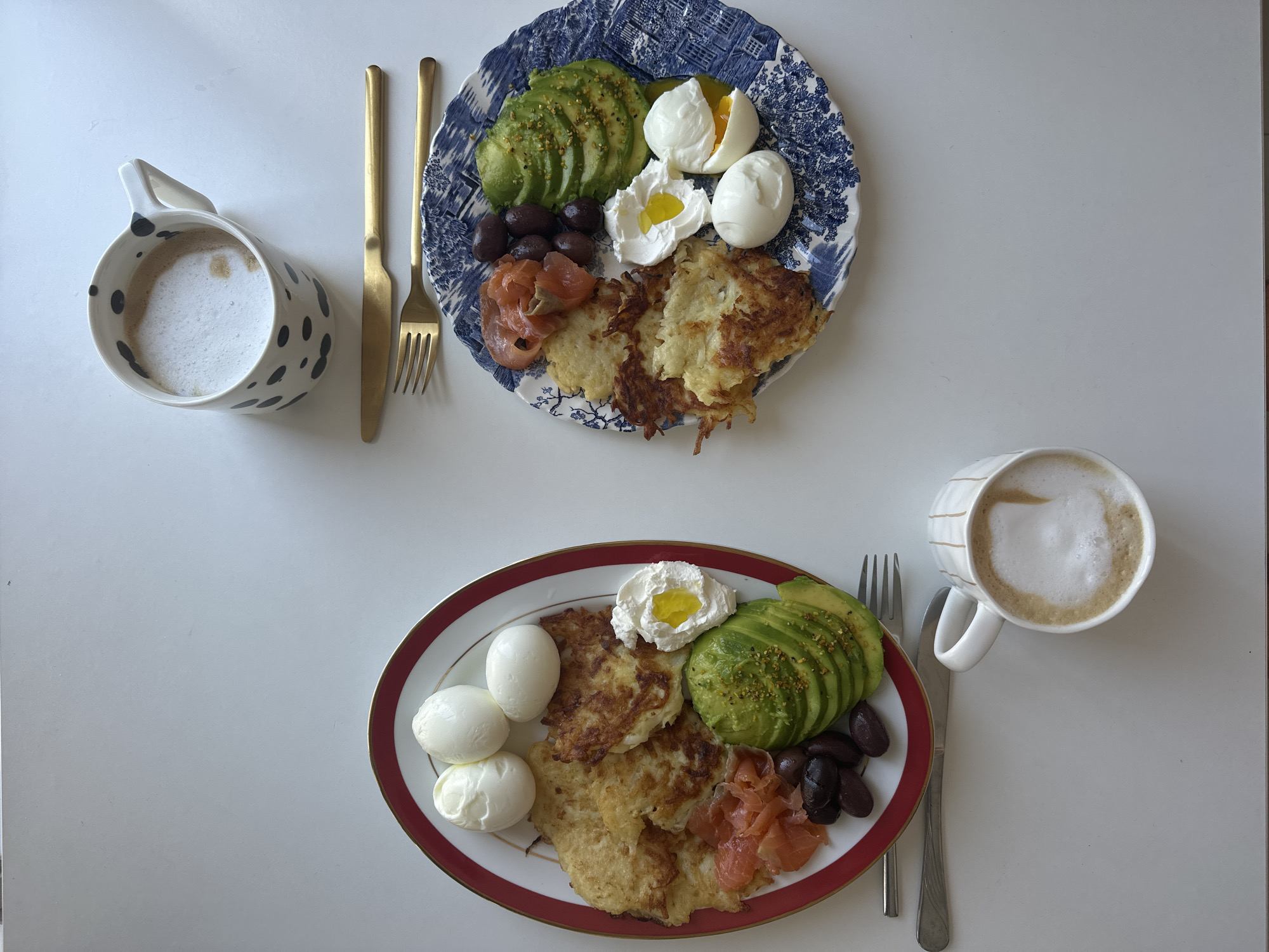 Matching breakfast plates and coffee in Ramat Gan