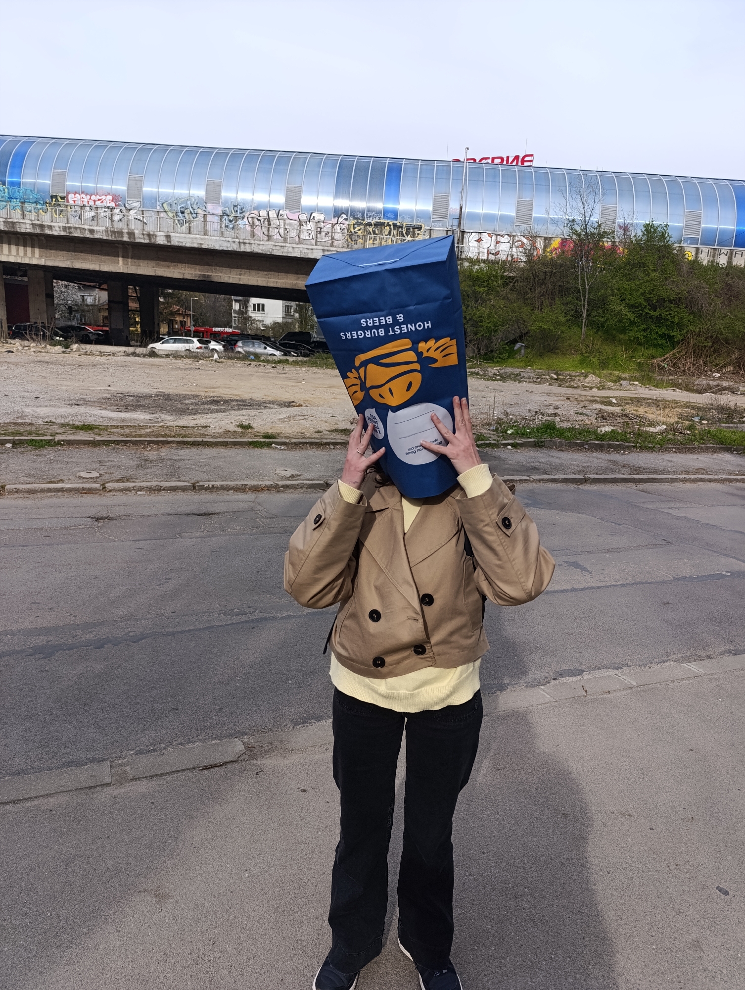 Street scenes captured near Sofia construction zone, burger bag incident
