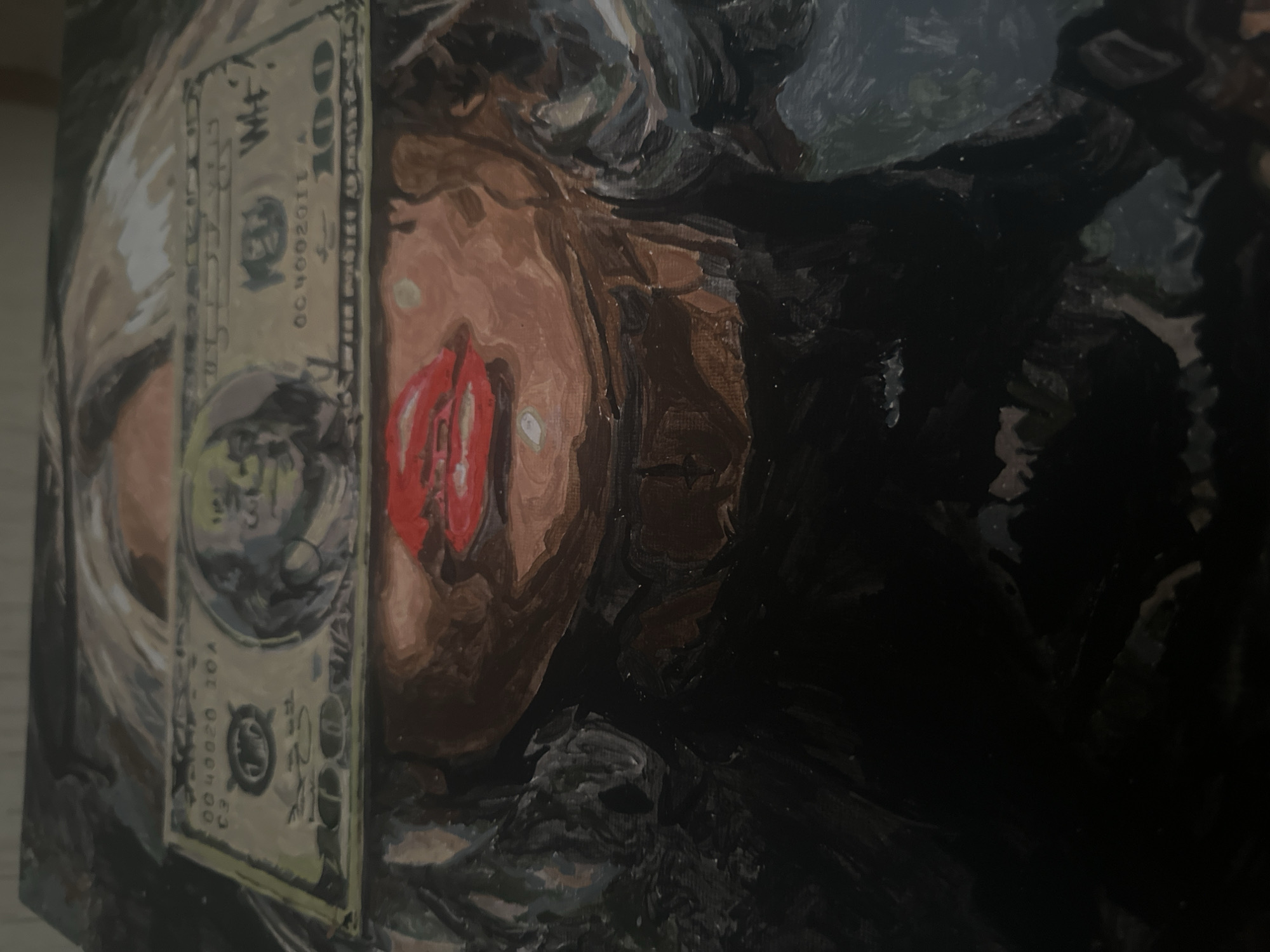 Artist creates painting of woman's face obscured by $100 bill