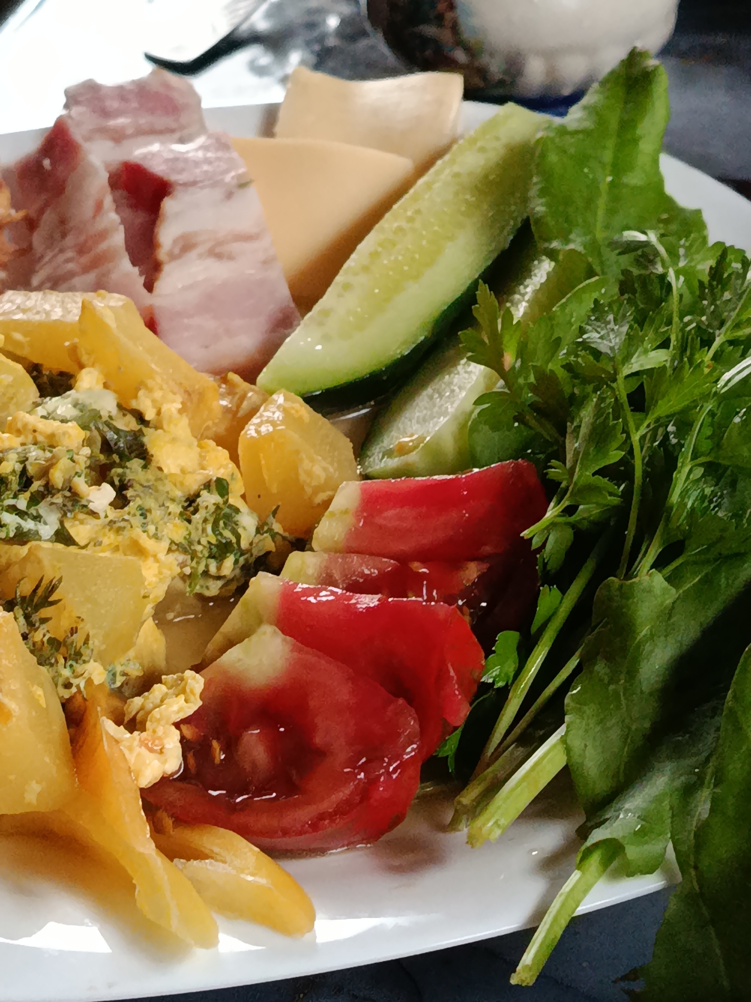 A well-stocked breakfast spread, close up and from all angles