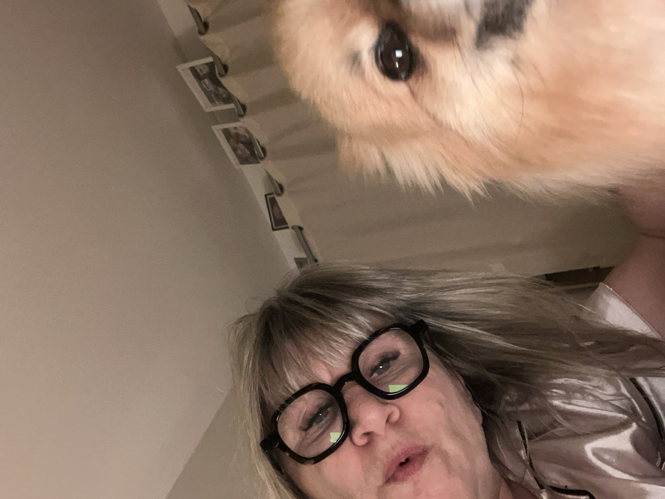 Woman documents bedtime routine with Pomeranian in French bedroom