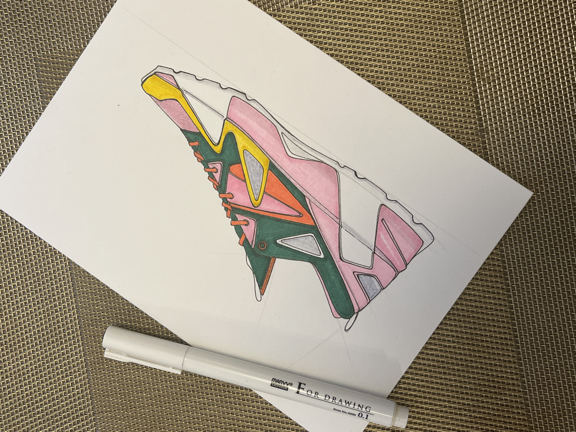 Futuristic shoe design drawing documented by independent witness