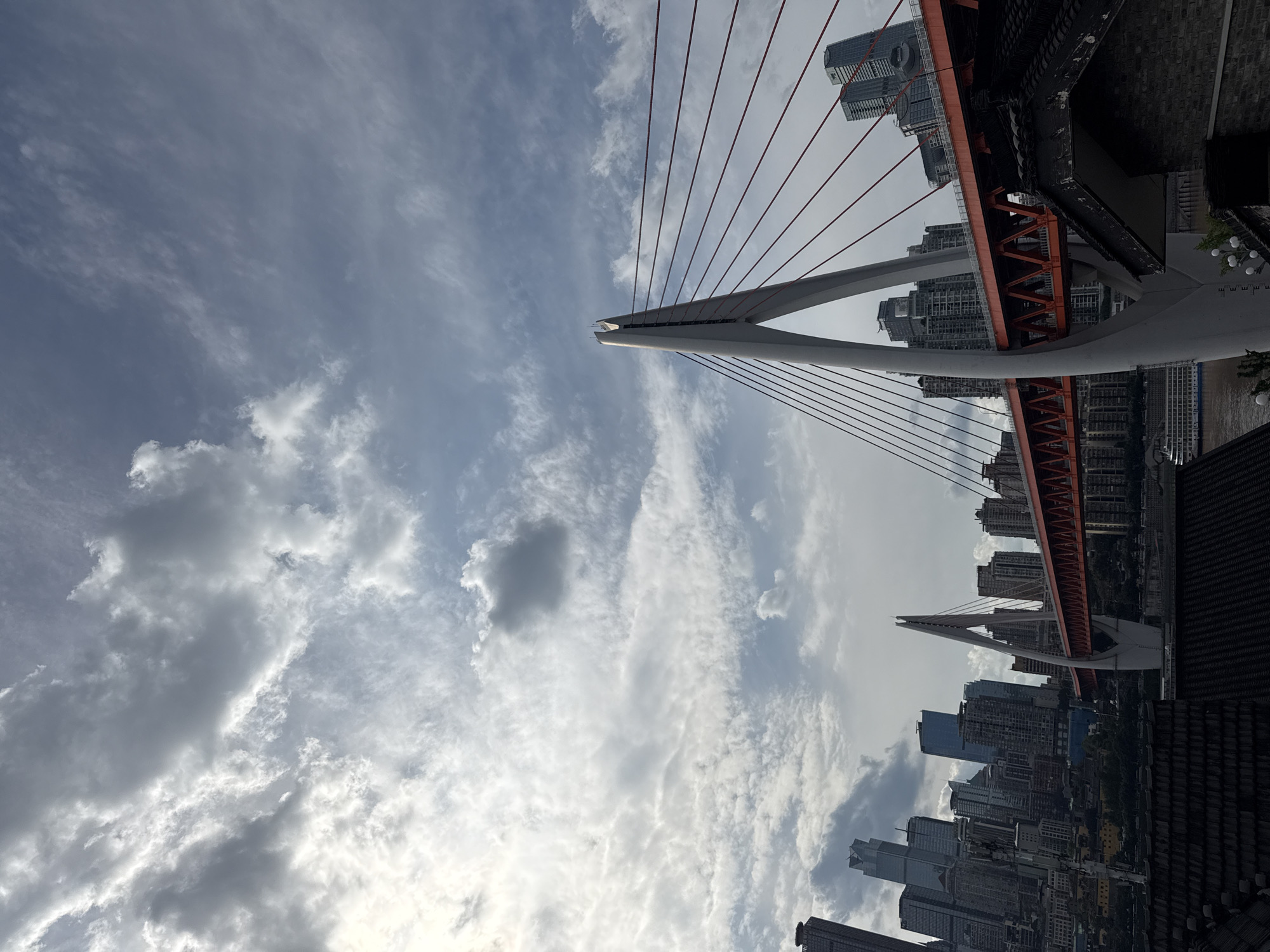 Cable-stayed bridge with white pylons observed in Nan'an District
