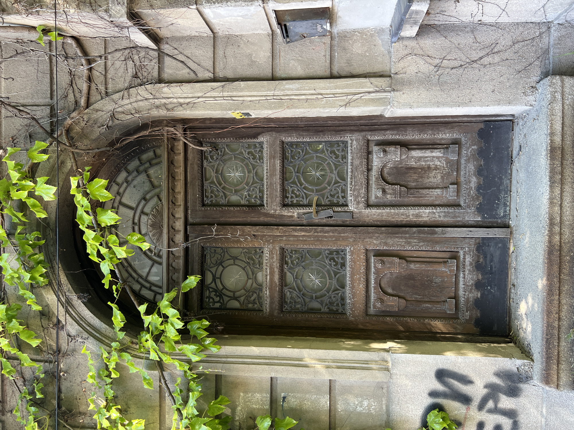 Ornate weathered wooden door documented in Belgrade stone archway