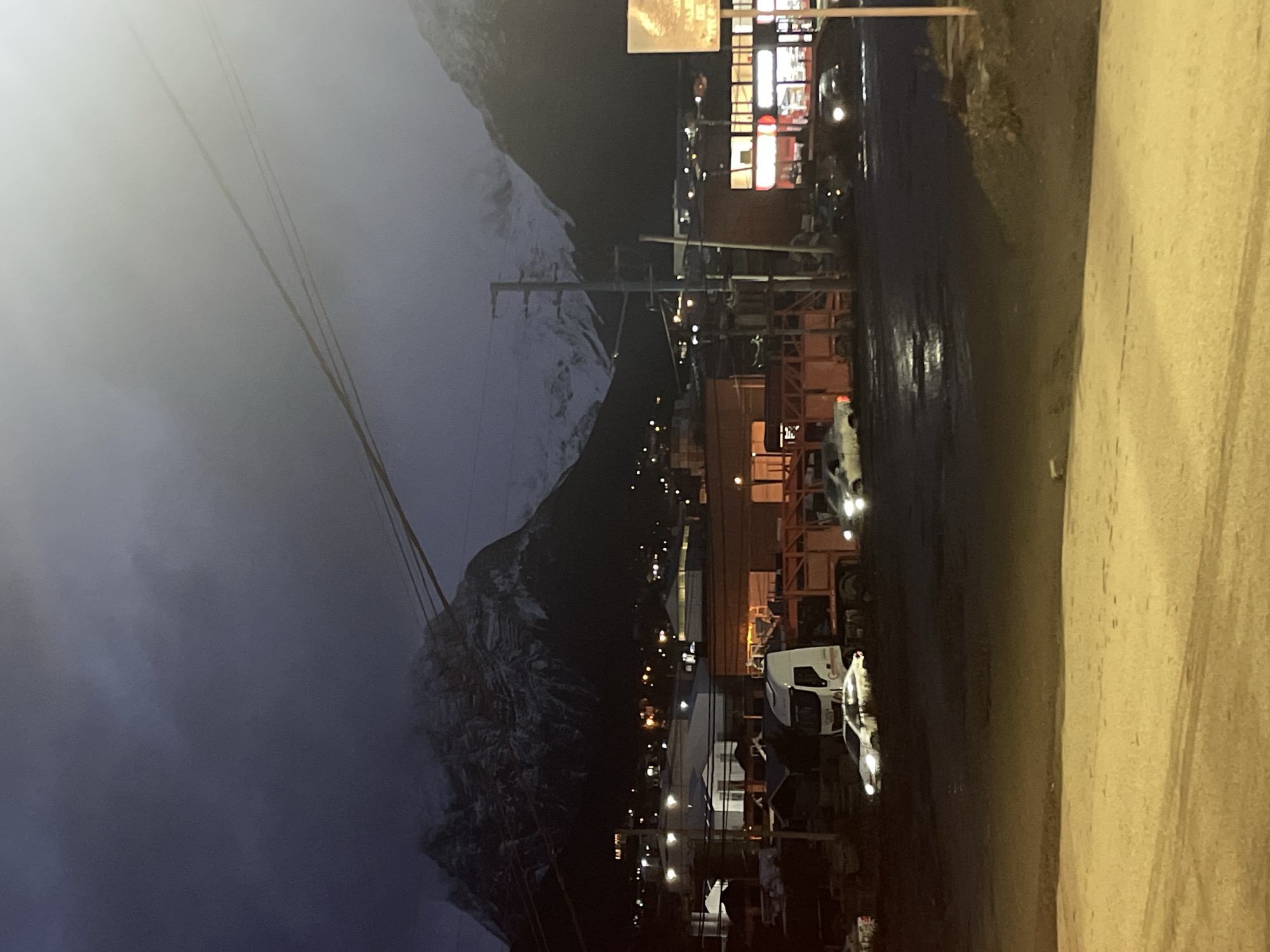 Wet winter night on the streets of Ushuaia, Argentina
