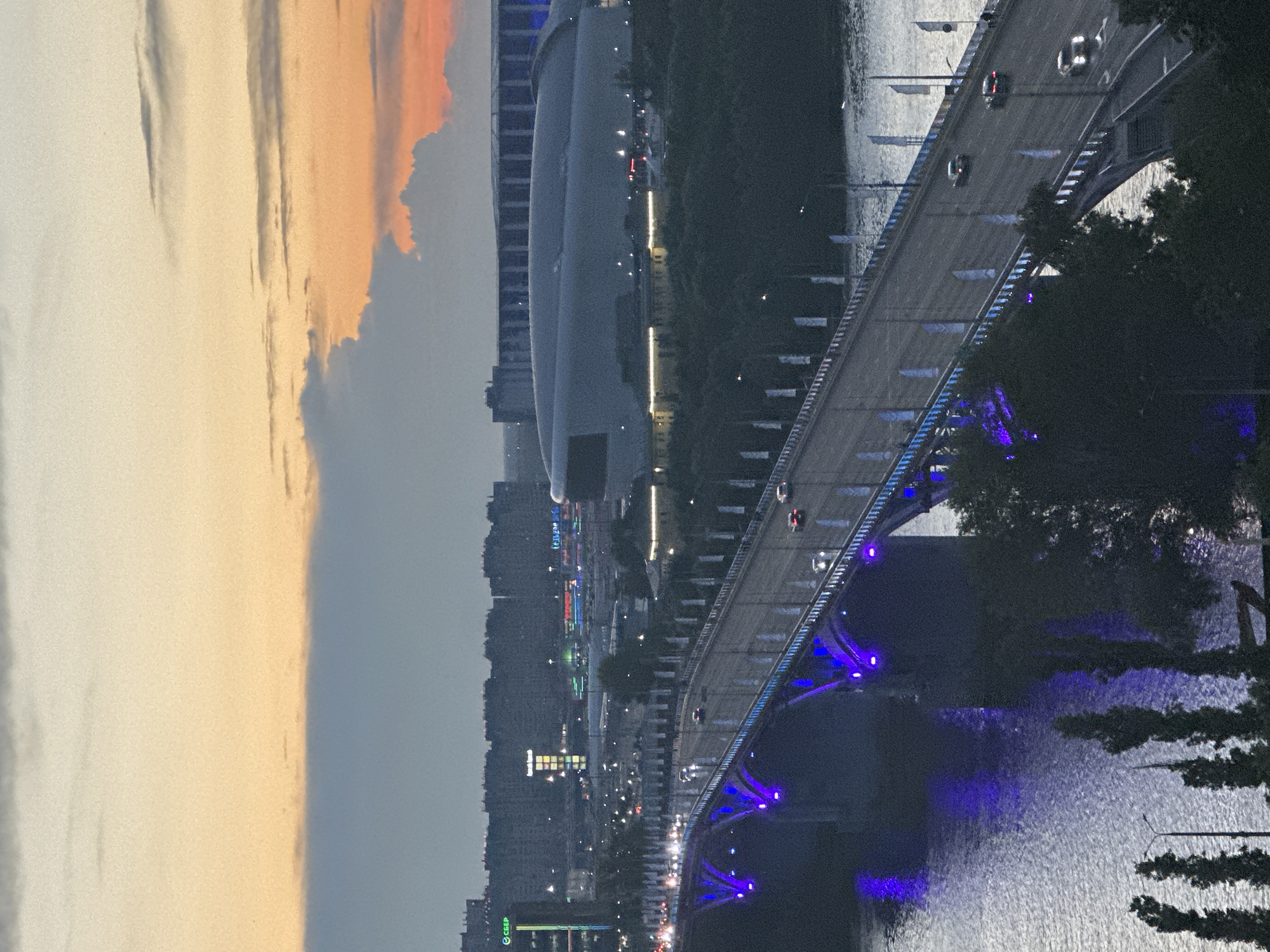 Kanavinsky Bridge glows under a Nizhny Novgorod dusk sky.